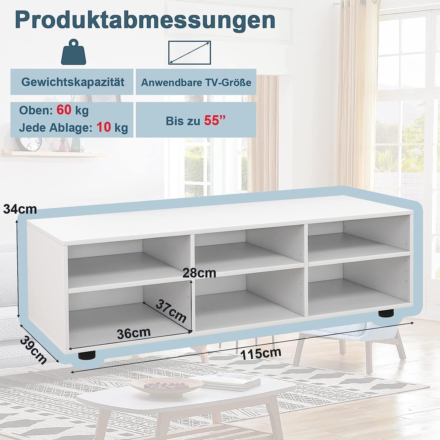 120 kg, KOMFOTTEU bis TV-Schrank Fernsehtisch weiß