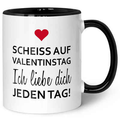 GRAVURZEILE Tasse mit Spruch - Scheiss auf Valentinstag - Geschenk für Ihn & Sie, aus Keramik - Spülmaschinenfest, Farbe: Schwarz & Weiß