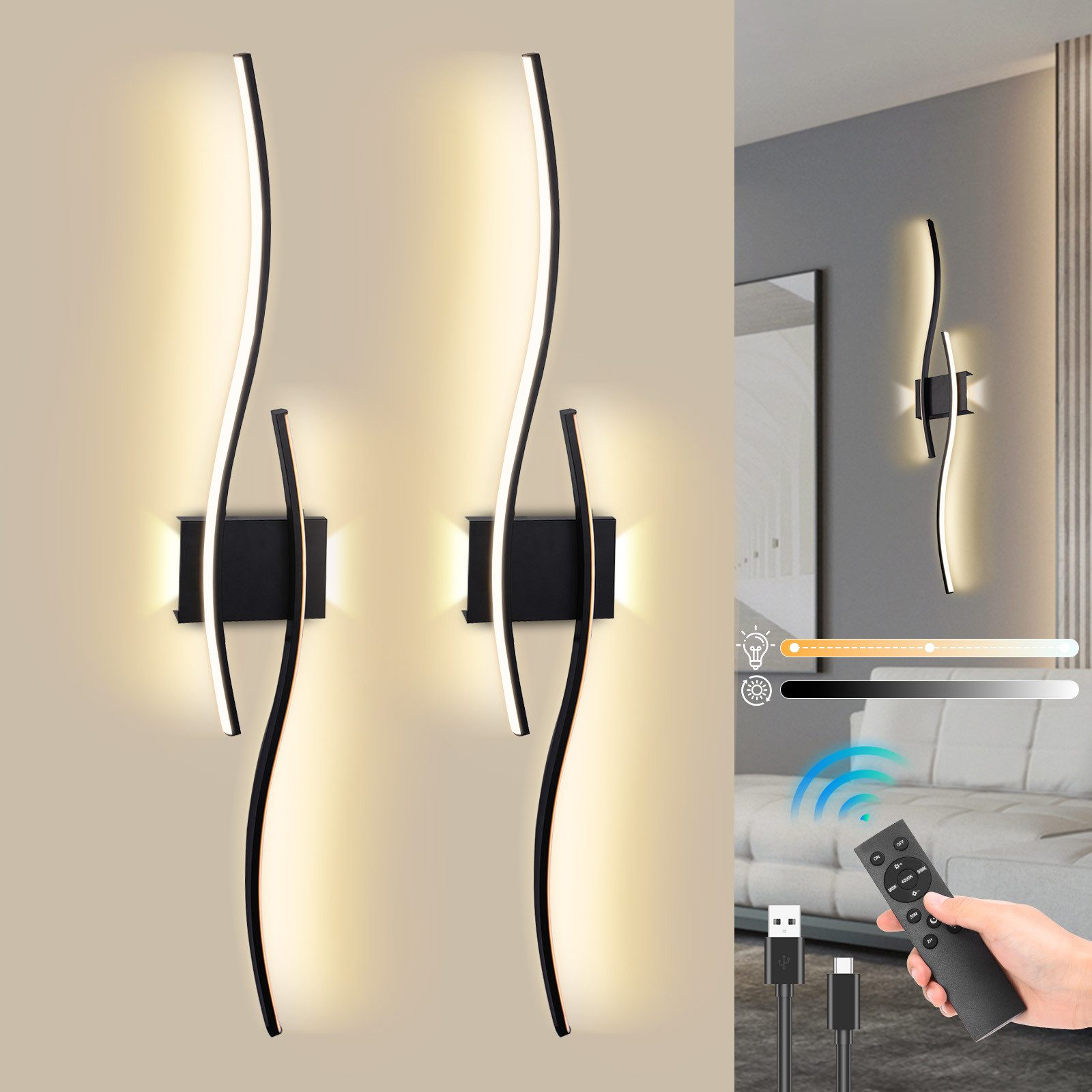 MUPOO LED Wandleuchte LED Wandleuchte Innen,Modern Wandlampe Dimmbare Wandbeleuchtung, LED fest integriert, mit Fernbedienung & Touch Steuerung,Timer,für Schlafzimmer,Wohnzimmer