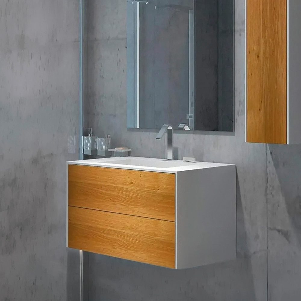Henneke Waschtisch Corian® WoodOne+ mit Becken mittig eckig und Unterschrank zweireihig, Fugenlos aus Mineralwerkstoff