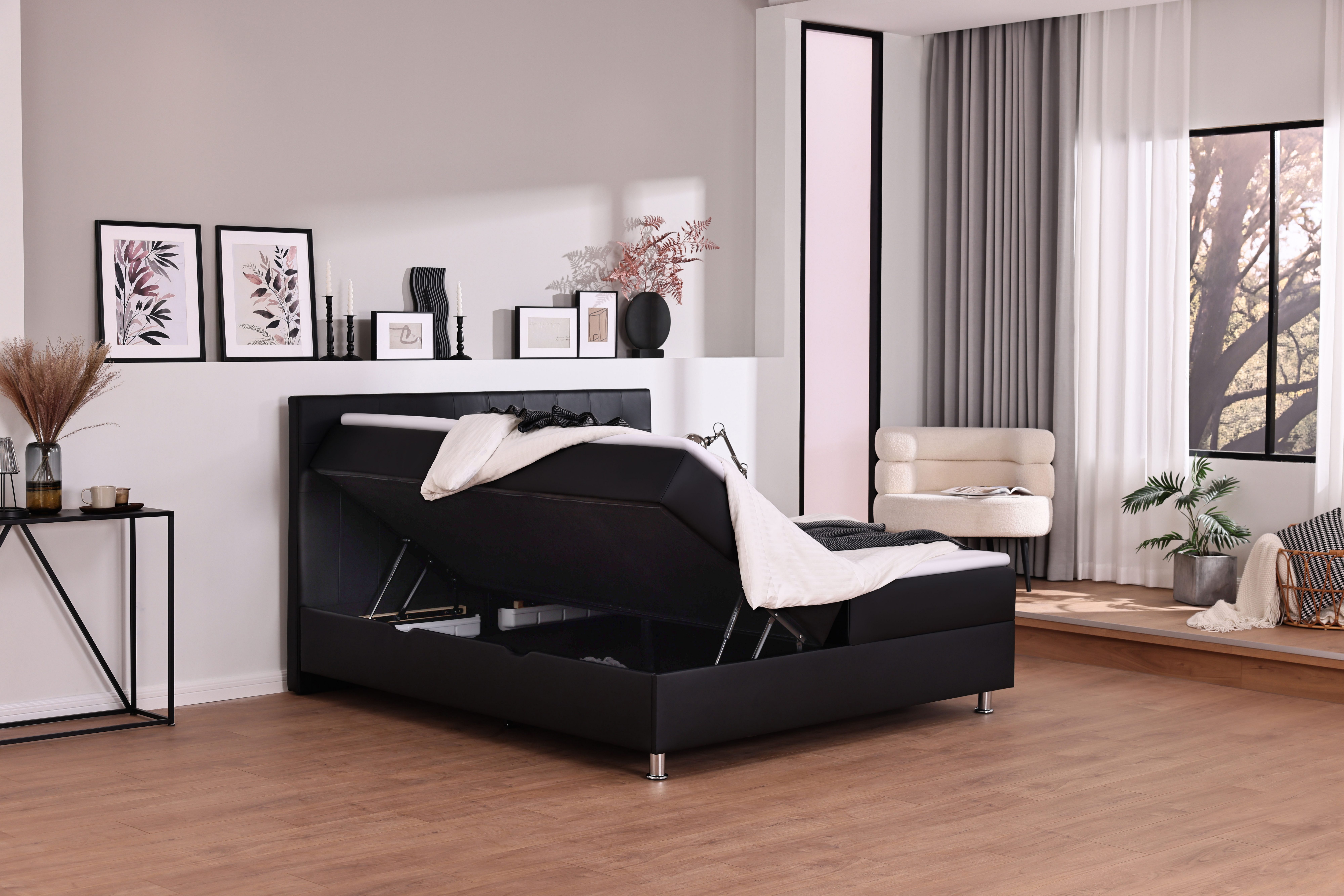 Home affaire Boxbett Big Noux aus schwarzem Kunstleder mit Kristallsteinen im Kopfteil, inkl. Bettkasten, erhältlich in der Größe 180x200cm