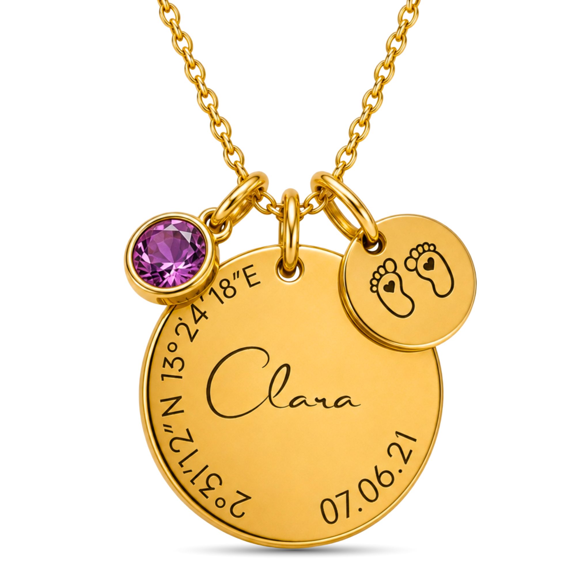 BS Schmuckdesign Kette mit Anhänger mit Gravur Personalisierte Halskette Damen Gravur Geburtsstein Koordinaten (inkl. Gravur), vollständig personalisierbar inkl. Geschenkbox