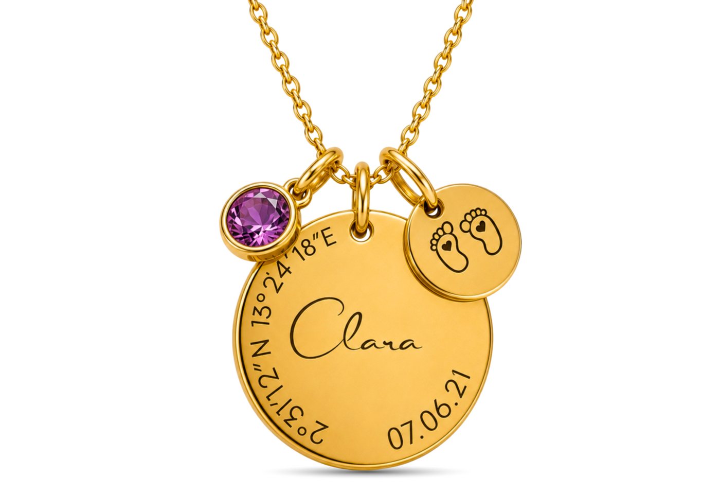 BS Schmuckdesign Kette mit Anhänger mit Gravur Personalisierte Halskette Damen Gravur Geburtsstein Koordinaten (inkl. Gravur), vollständig personalisierbar inkl. Geschenkbox