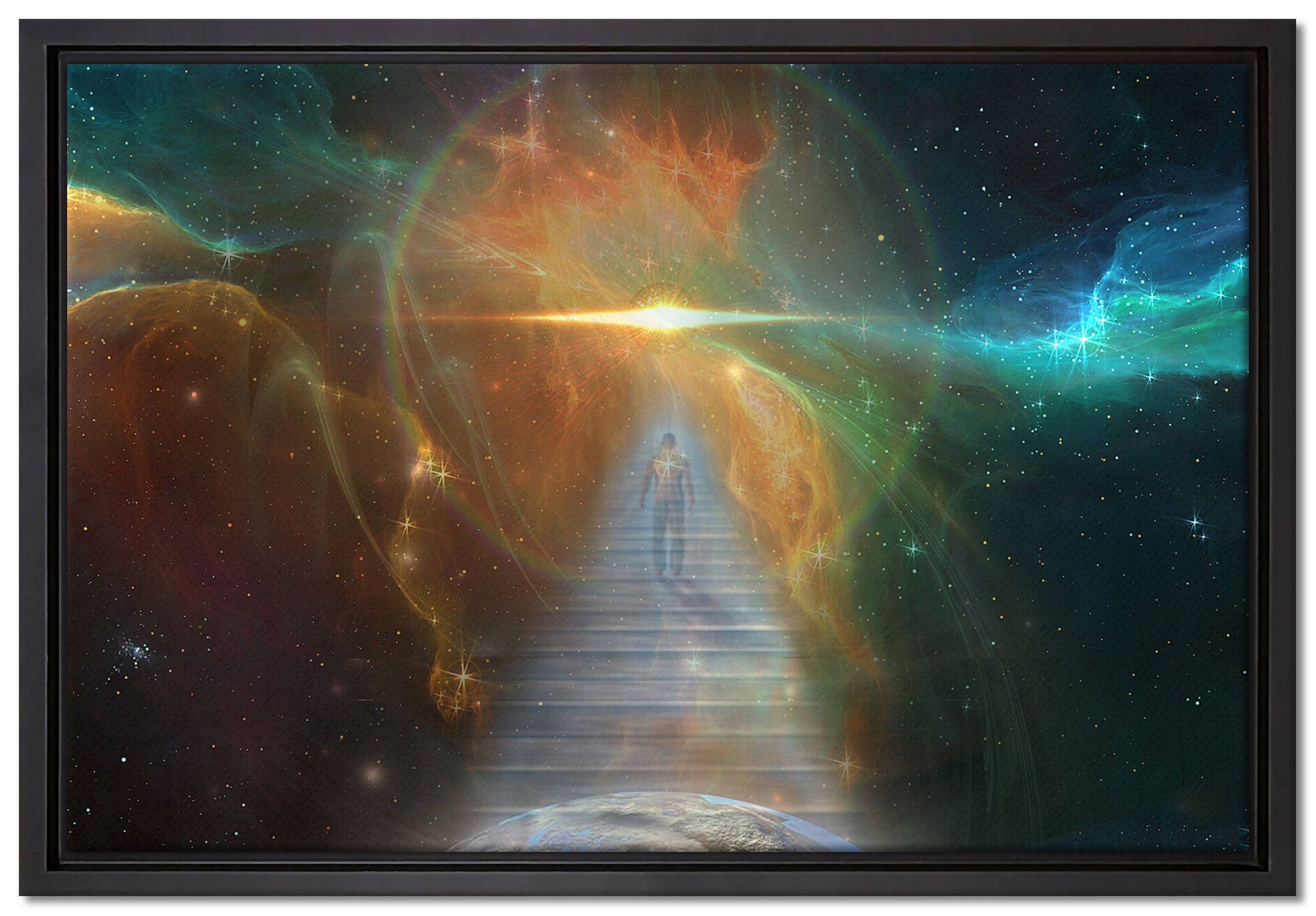 Kosmische St), (1 in Schattenfugen-Bilderrahmen bespannt, Treppe einem inkl. Pixxprint Leinwandbild gefasst, die Zackenaufhänger Wanddekoration fertig Galaxis, Leinwandbild in