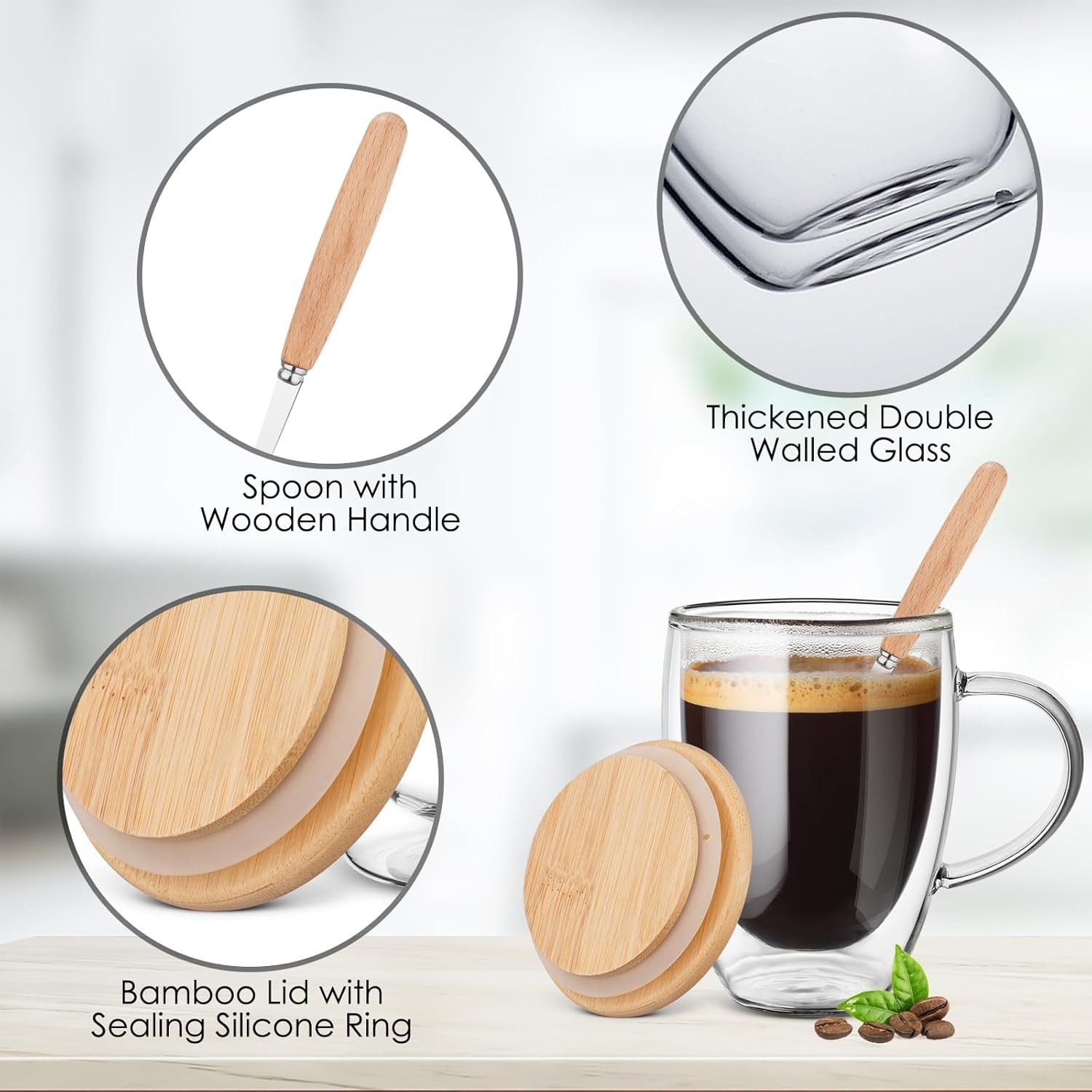 LA CUTE Thermotasse 4er-Set Doppelwandige Glas-Kaffeetassen mit Deckel und Löffel 350 ml, doppelwandig, hitzebeständig, isolierend, transparenter Glaslook