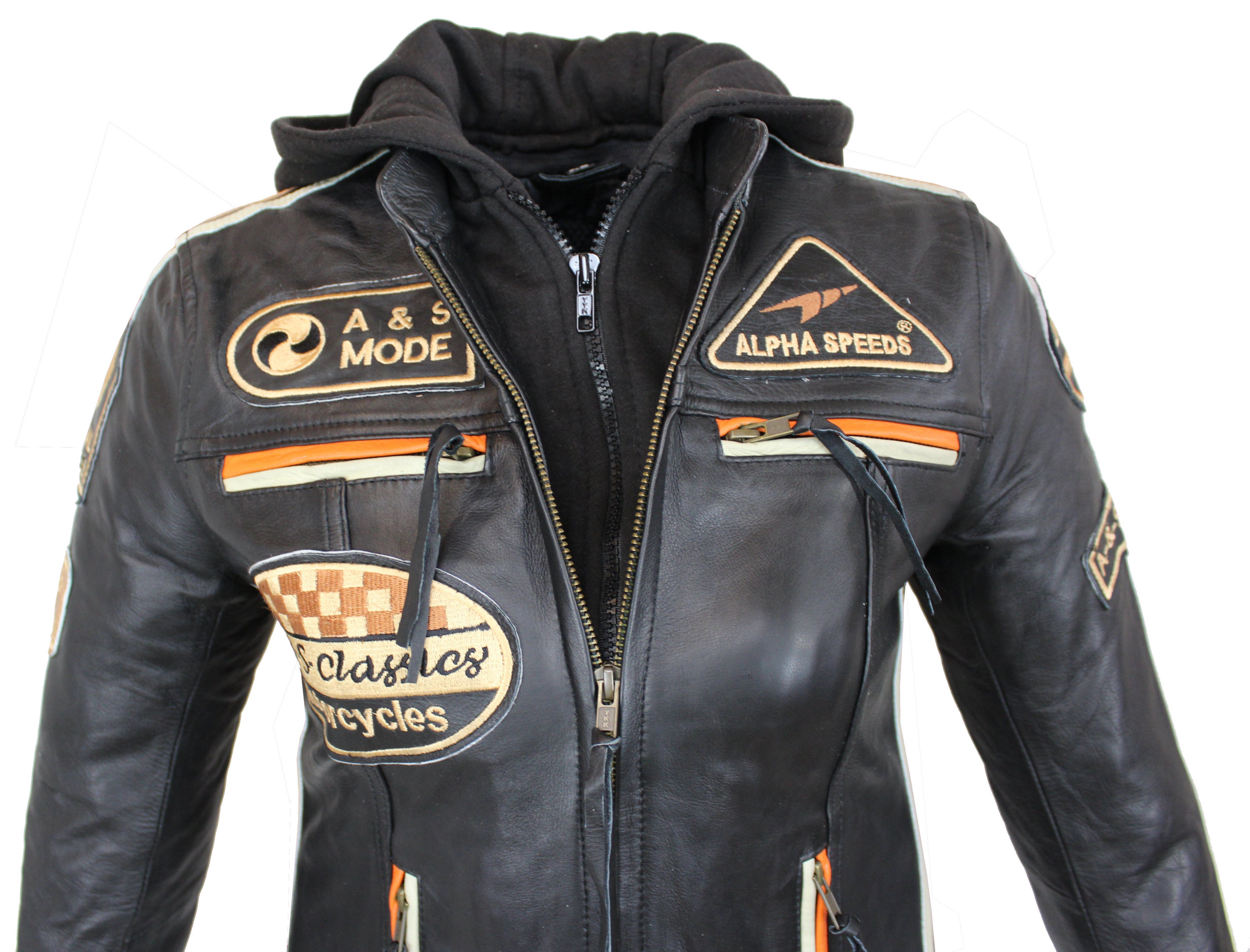 Alpha Speeds Motorradjacke - /Freizeit Damen Lammlederjacke Bikerjacke Highway 11 (mit einer abnehmbaren Kapuze) aus weichem Lammleder, inklusive einsetzbarer Protektoren