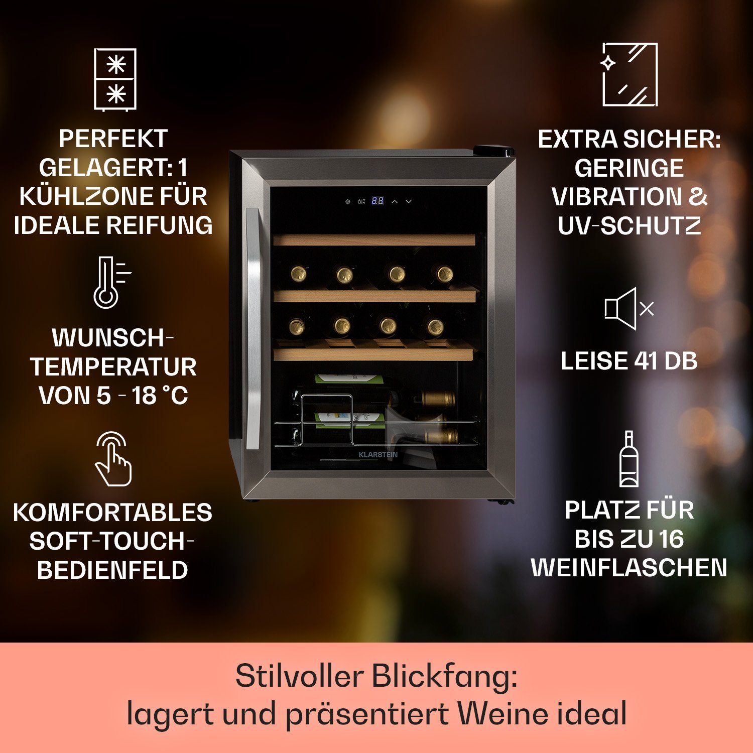 Klarstein Weinkühlschrank Vinamour 16 Uno, für 16 Standardflaschen á 0,75l,Wein Flaschenkühlschrank Weintemperierschrank Weinschrank Kühlschrank