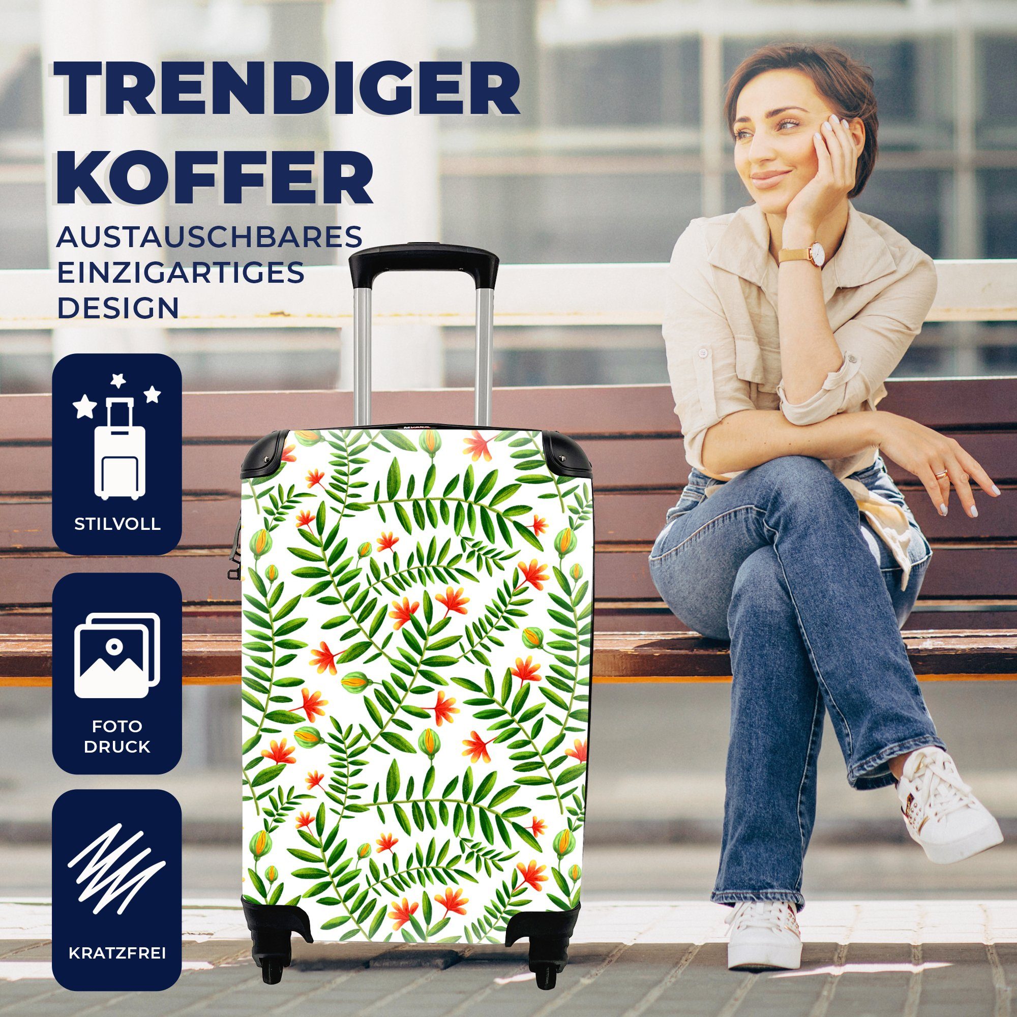 Handgepäck Blätter, - Ferien, für - Handgepäckkoffer 4 Reisetasche rollen, Blumen mit Rollen, Reisekoffer Trolley, MuchoWow Dschungel