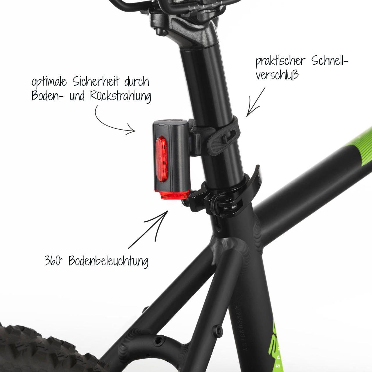 FISCHER Fahrrad Fahrrad-Rücklicht FISCHER Akku Rücklicht TWIN mit Bodenbeleuchtung, mit zusätzlicher Bodenleuchte
