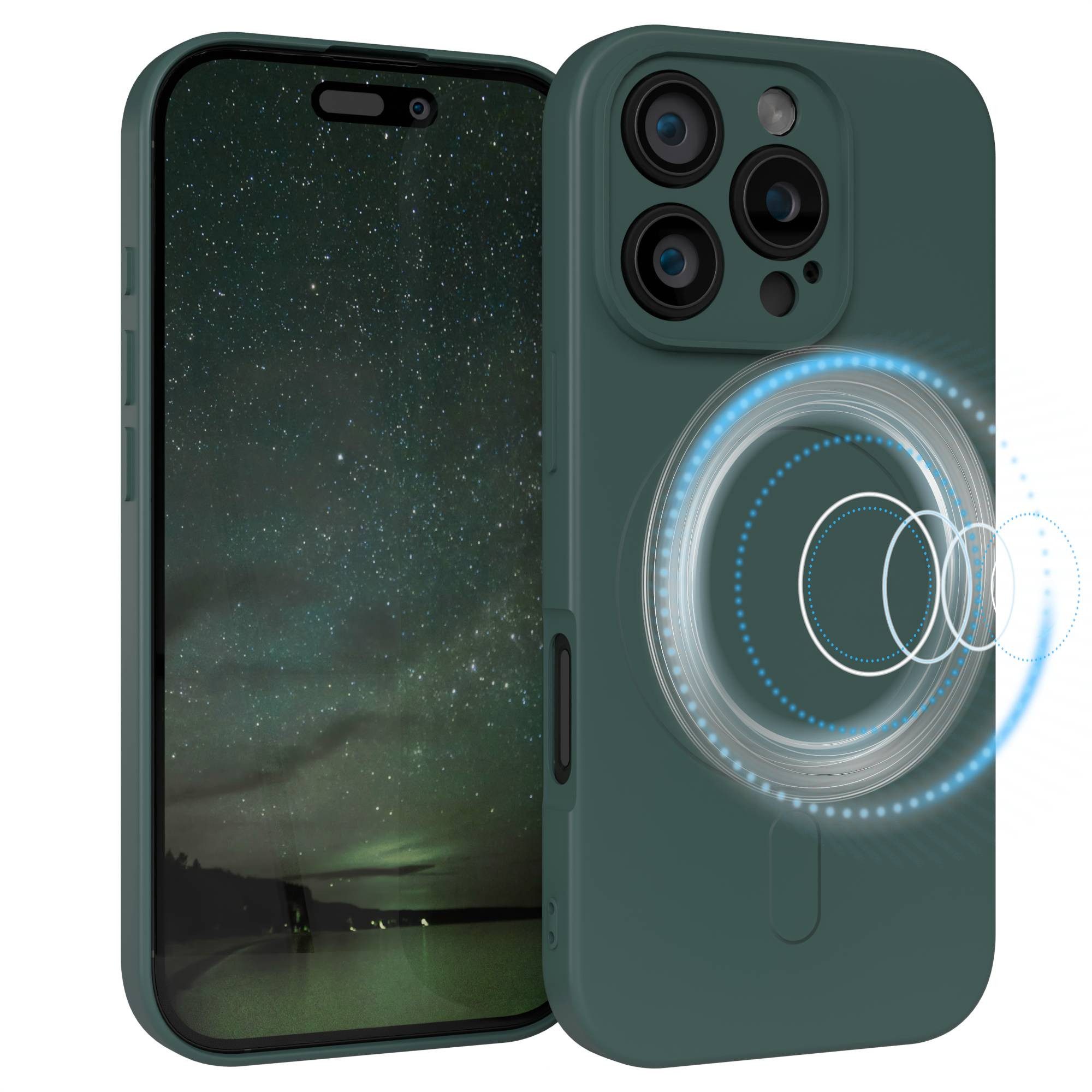 EAZY CASE Handyhülle für Apple iPhone 16 Pro Hülle Silikon 6,3 Zoll, MagSafe Case Silikon kratzfestes Bumper Cover Qi-Charging Dunkelgrün