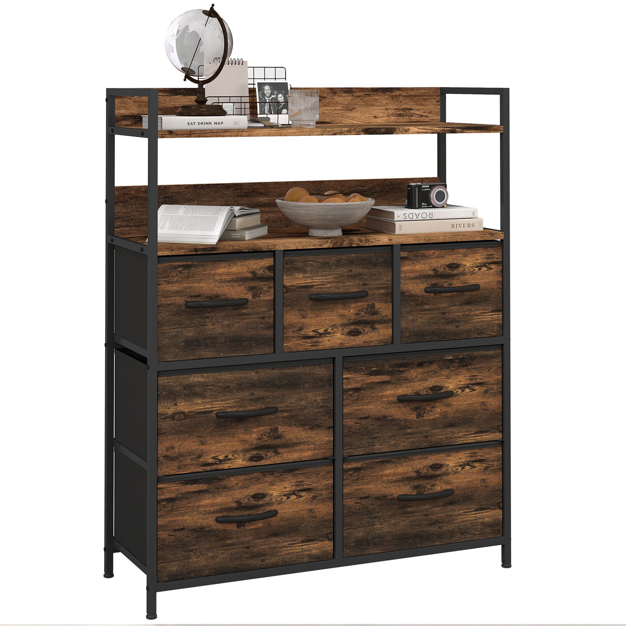 FELIXLEO Stoffschrank Stoff-Kommode, 7 faltbare Schubladen, 2 Regale, Stahlrahmen, Braun (1-St)