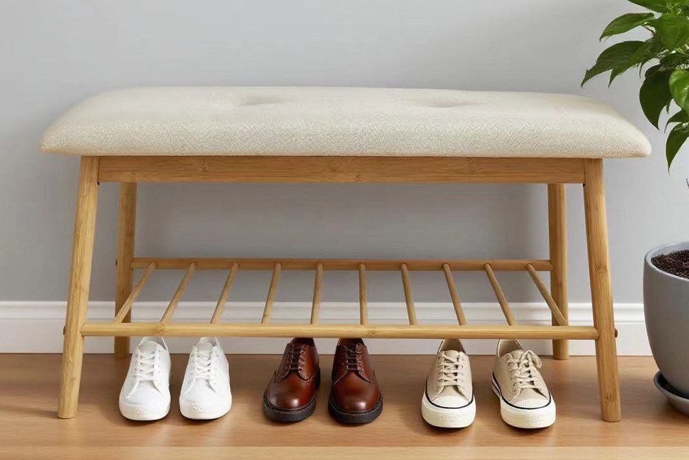 riess-ambiente Schuhbank ZEN-BO 90cm natur/beige - Bambus, FSC, Regal, Sitzbank, mit Stauraum (Einzelartikel, 1-St), Gepolsterte Garderobenbank aus Massivholz - ideal für Eingangsbereich