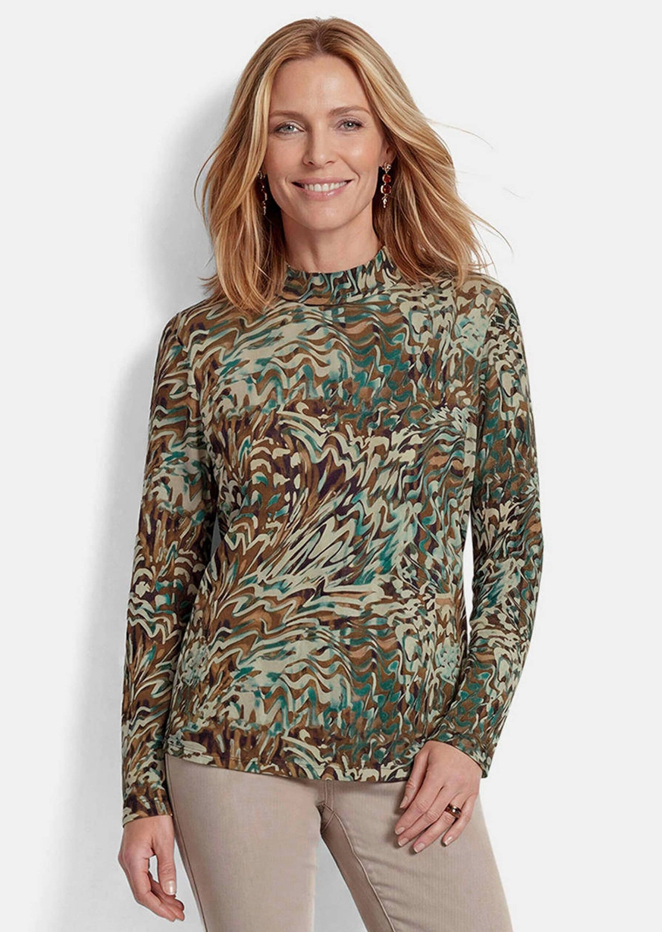 GOLDNER Print-Shirt Kurzgröße: Stehbundshirt mit Langarm Lässiges Jerseyshirt mit grafischem Druck und weitem Ärmel