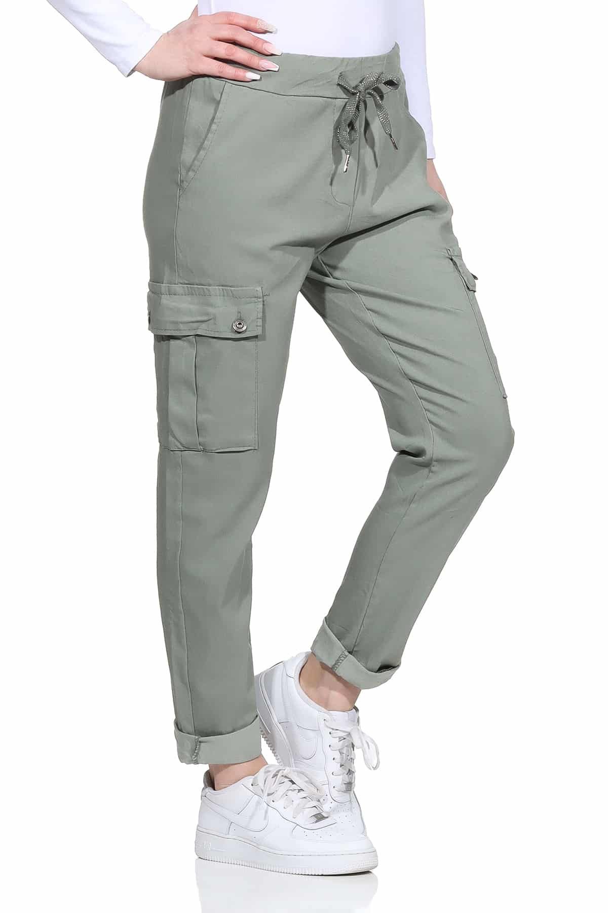 OriginalYou Cargohose Damen Freizeithose Schlupfhose moderne Stoffhose elastischer Bund, Knitterlook