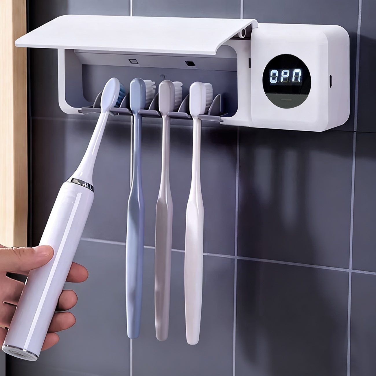 shop'n smile ideoon UV-Zahnbürstenhalter UV Zahnbürstenhalter Sterilisator mit Akku LCD-Display & Trocknung, 1-tlg., 1er-Set & 2er-Set, 2 UV-LEDs/4 Steckplätze/ – Bild 3 von 5