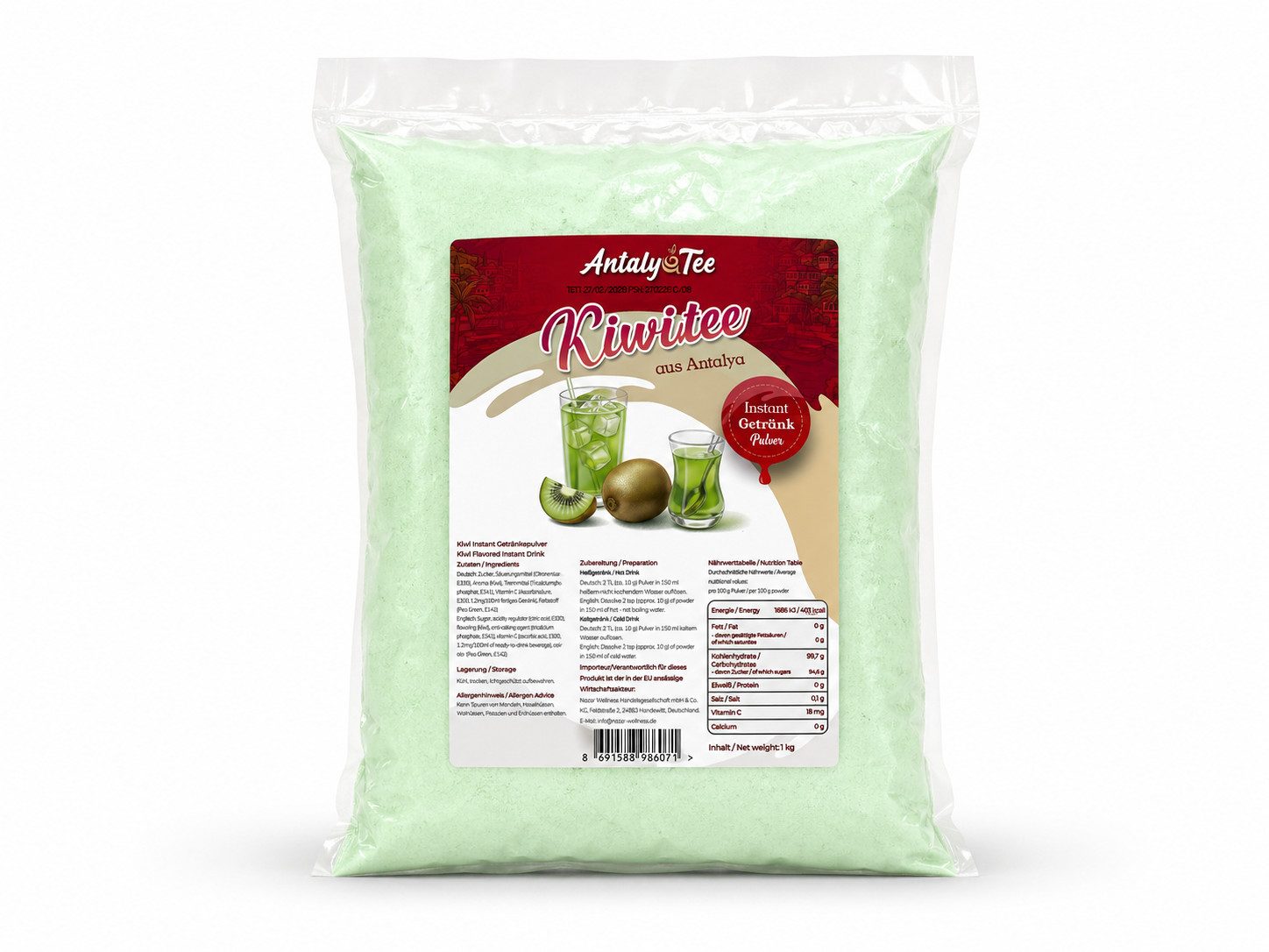 Tee Kiwi Instant Getränkepulver 1 kg – türkischer Tee heiß o. kalt, schnell löslich, feines Pulver