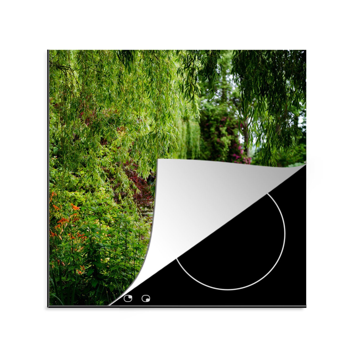 MuchoWow Herdblende-/Abdeckplatte Japanische an (1 Arbeitsplatte für Ceranfeldabdeckung, cm, küche im Vinyl, von Grünbrücke 78x78 in, tlg), einem Garten Sommertag Monet
