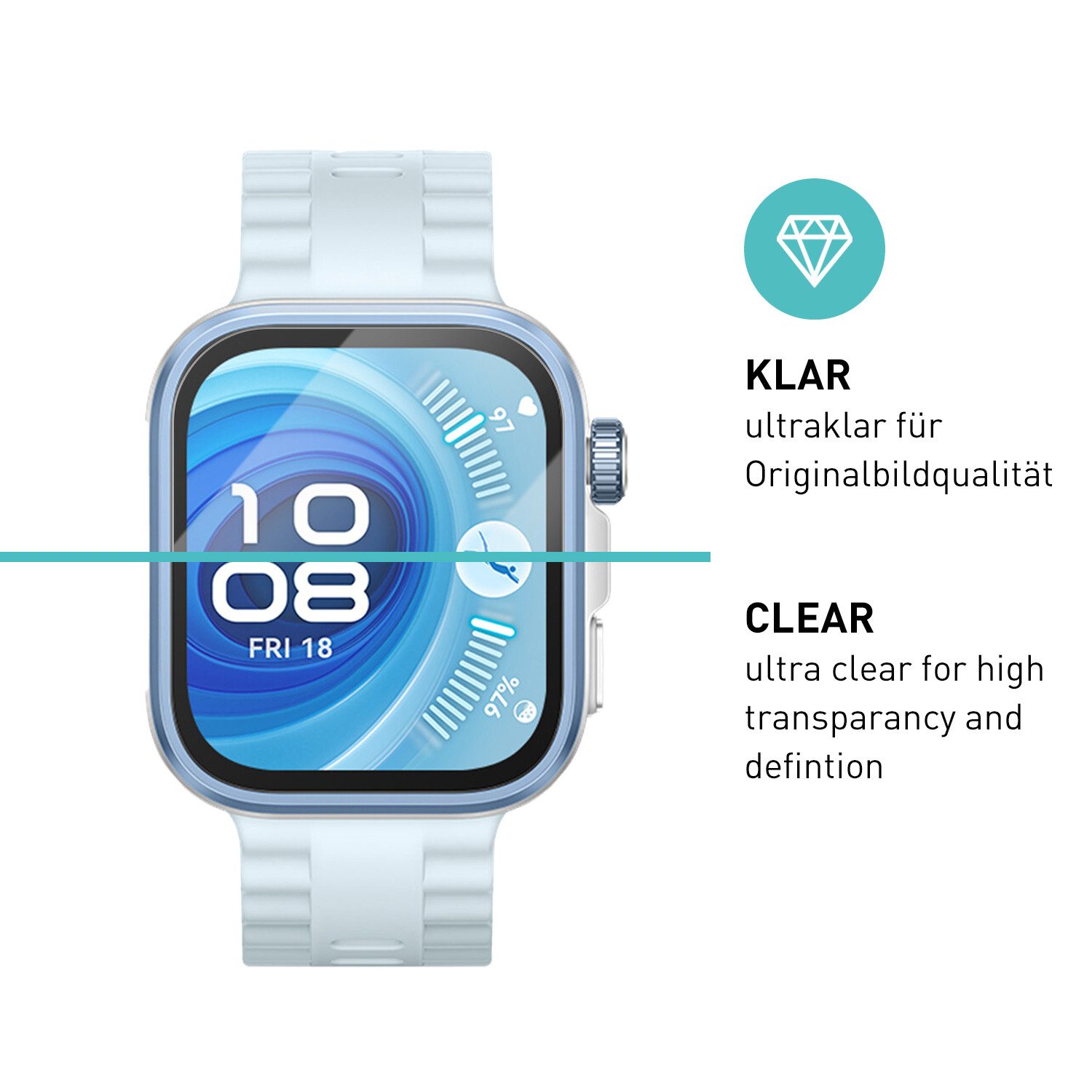 smartect Displayschutzglas Schutzglas Panzerfolie Klar für Huawei Watch Fit 4 Pro, Set, 3 Stück, Schutzfolie Glasschutz Bildschirm