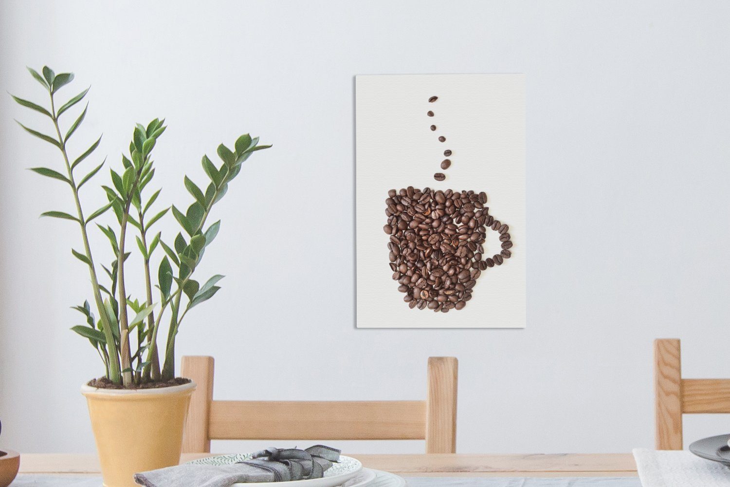 Kaffeetasse Leinwandbild bespannt inkl. fertig Kaffeebohnen, OneMillionCanvasses® Zackenaufhänger, Leinwandbild aus St), 20x30 Gemälde, cm (1