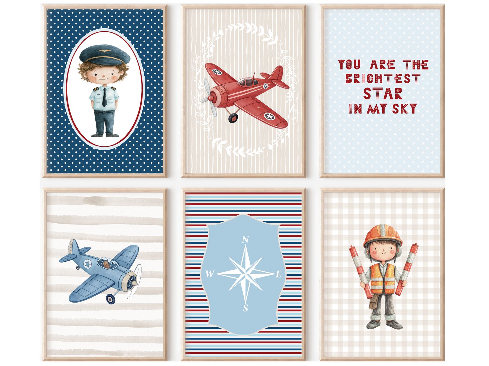 homestyle-accessoires Mehrteilige Bilder Kinderzimmer Bilderwand 6erSet Bilderset Babyzimmer 'Flugzeug', Hochformat, Künstlerpapier, ohne Rahmen