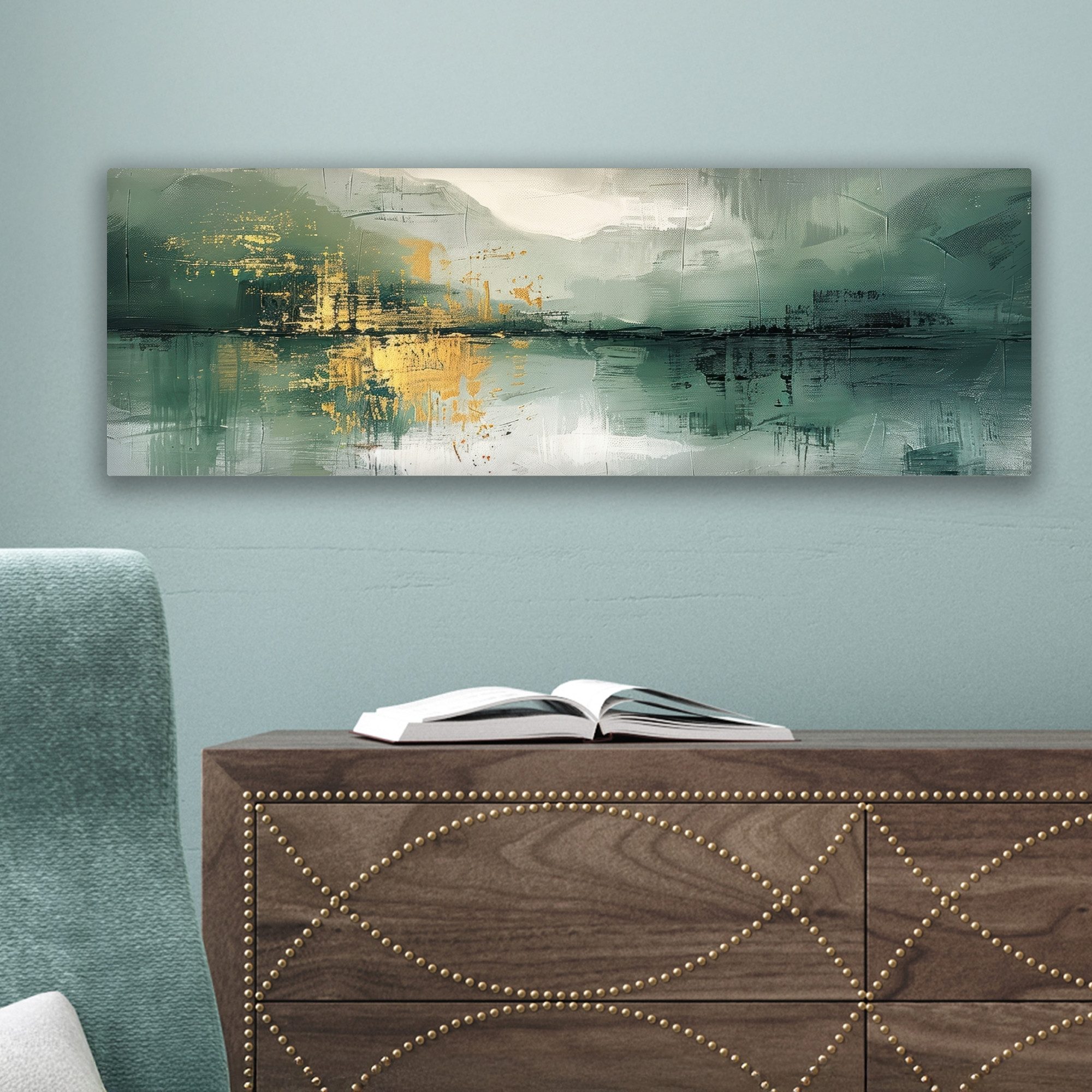 OneMillionCanvasses® Leinwandbild Panorama Grün - Modern - Abstrakt - Gold, Fotodruck (1 St), Wandbild, Deko Schlafzimmer Wohnzimmer Flur 60x20 cm – Bild 5 von 5