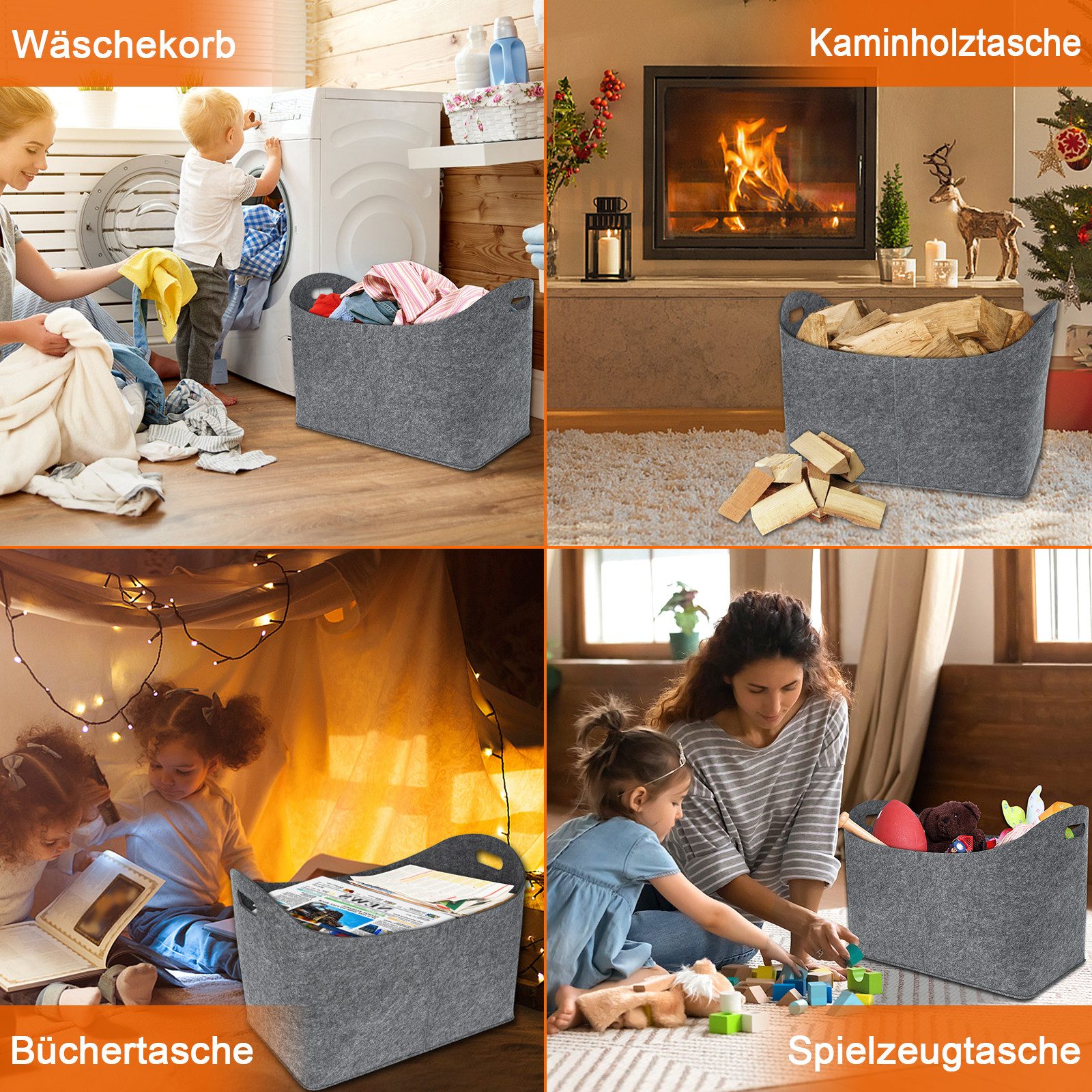 FIVMEN Kaminholzkorb XXL Filztasche mit Verstärkter Griff, Holzkorb für Kaminholz aus Filz (Filztaschen Shopper Extra Dicker)