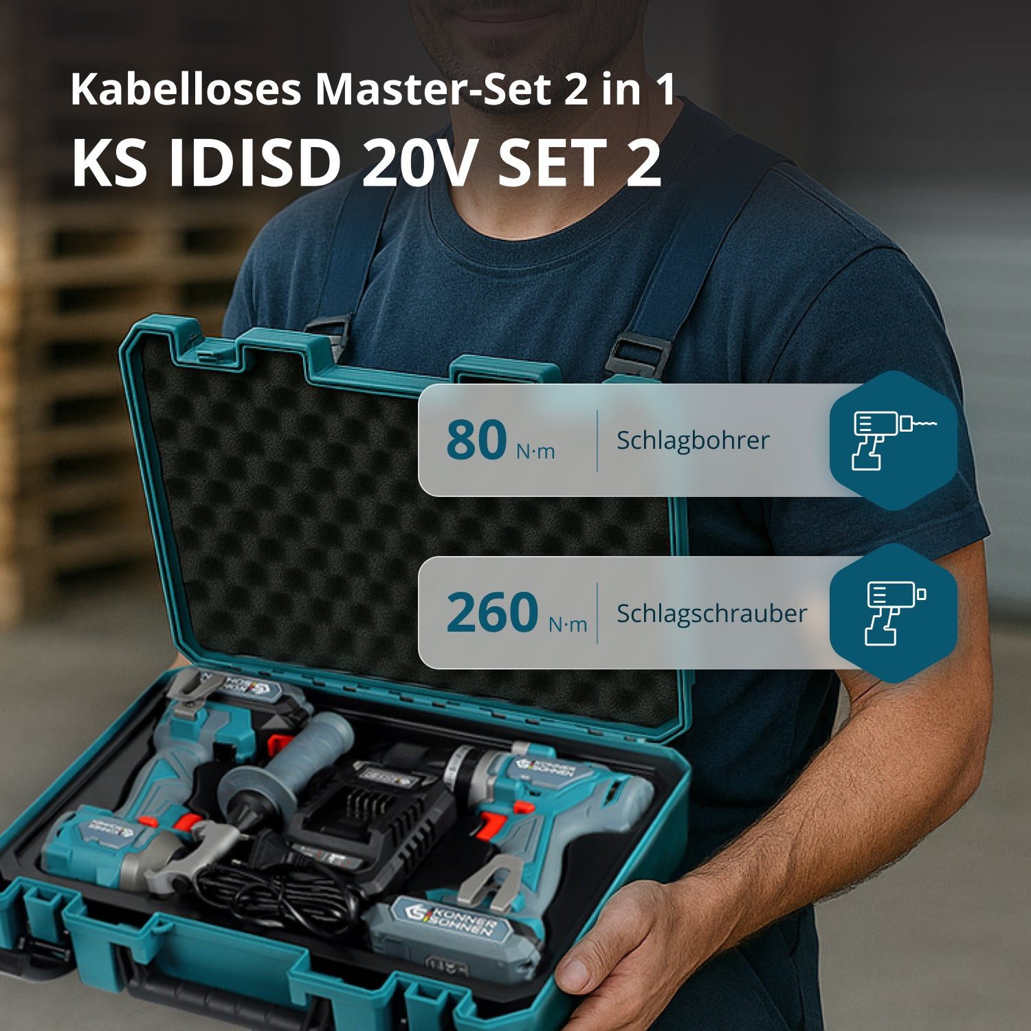 Könner & Söhnen Akku-Schlagbohrschrauber KS IDISD 20V SET 2, (Schlagbohrmaschine und Schlagschrauber zum Bohren, Befestigen und für Reparaturarbeiten zu Hause), komplett mit 2×2Ah 20V Akkus und Ladegerät im Koffer.