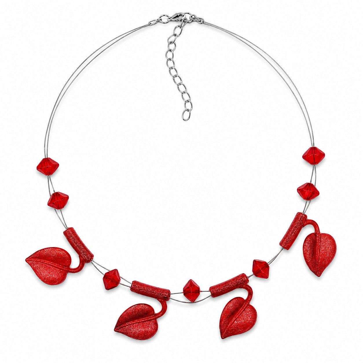 unbespielt Collier Drahtkette mit Kunststoff-Perlen in Blattform Rot-Flitter 44 cm, Modeschmuck für Damen