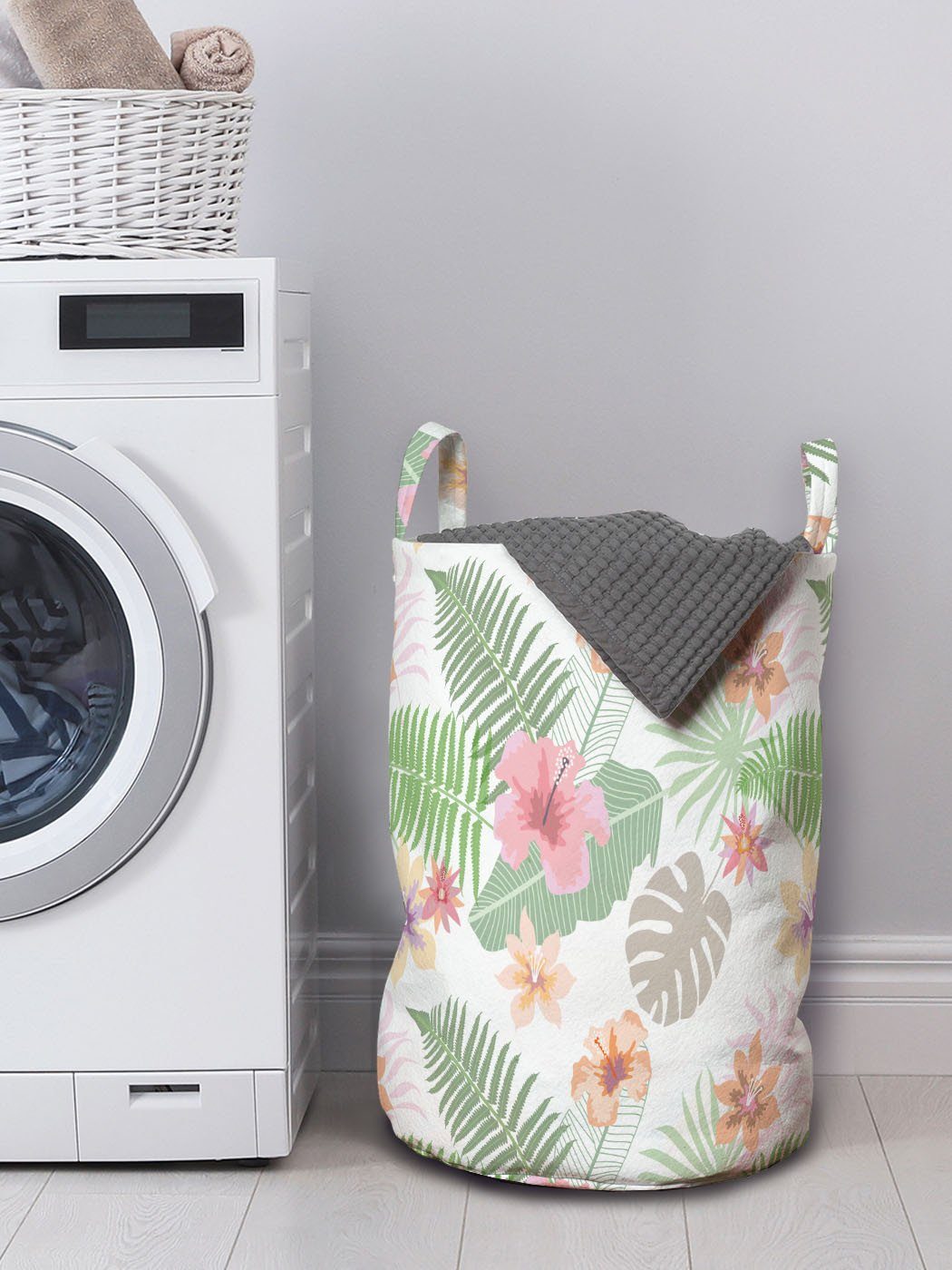 Wäschekorb Wäschesäckchen Waschsalons, Farn-Muster für mit Kordelzugverschluss Griffen Blumen Botanisch und Abakuhaus