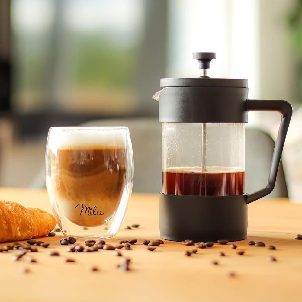 Milu French Press Kanne, 600l Kaffeekanne, Kaffeebereiter, Kaffeepresse, Kunststoff/Glas, Schwarz