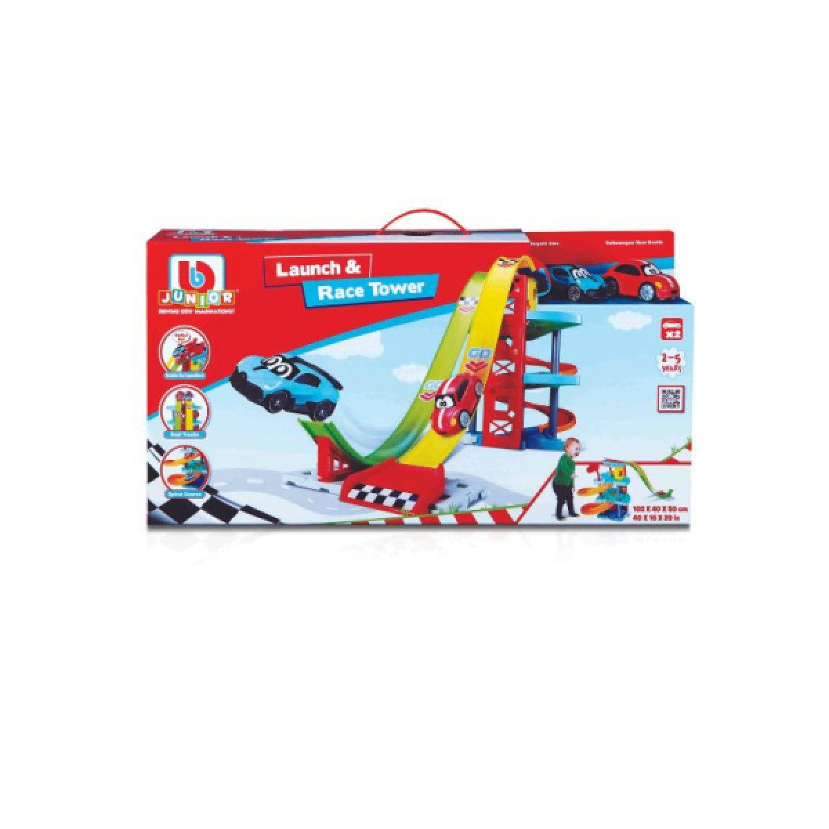 bbJunior Autorennbahn Spielset Launch & Race Tower (inkl. 2 Fahrzeugen VW+Bugatti)