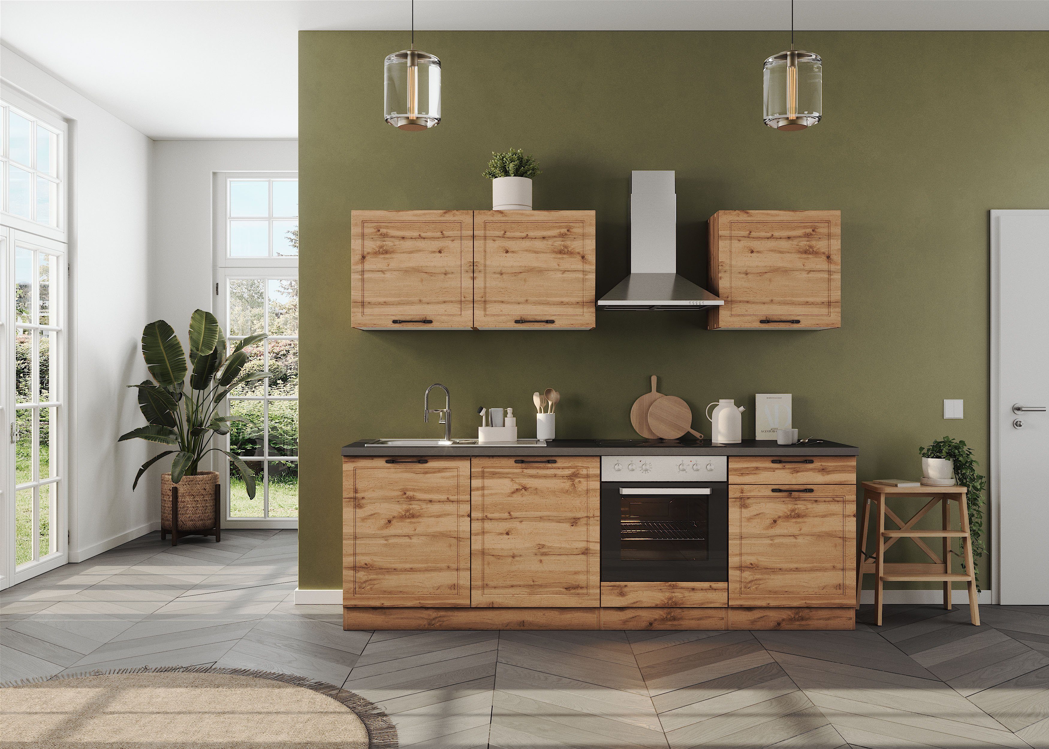 KOCHSTATION Küchenzeile KS-Lani, mit MDF-Fronten, Breite 240 cm, wahlweise mit E-Geräten, Höhen-Ausgleichsfüße 0-4 cm