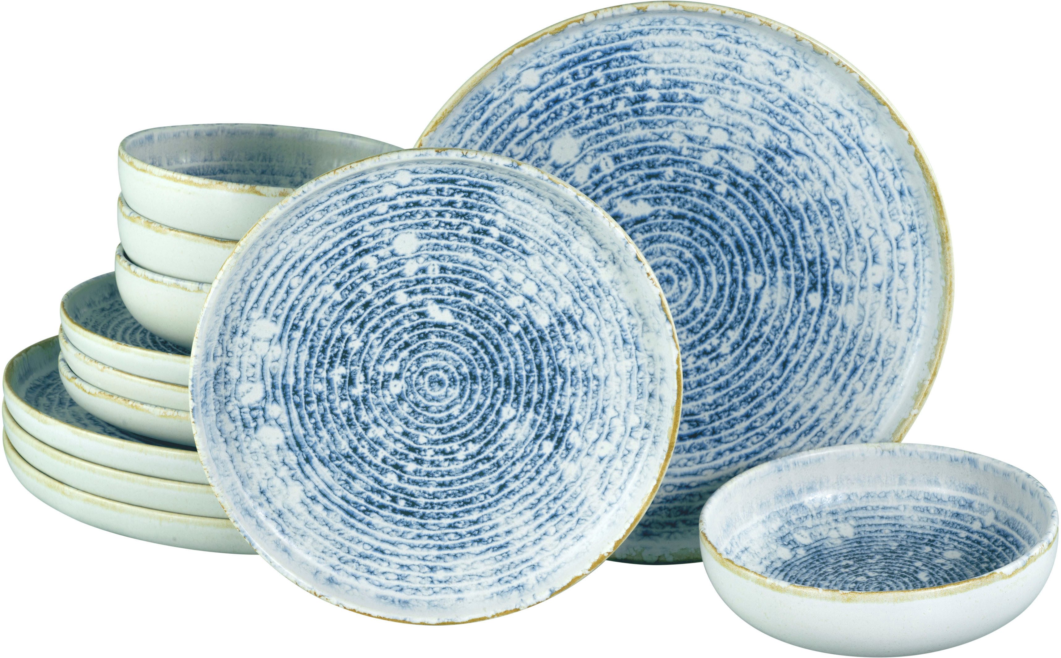 CreaTable Teller-Set Uno Mykonos, Tellerset 12-tlg (12-tlg), 4 Personen, Steinzeug, Sommerlich, Vintage Style, Reaktivglasur