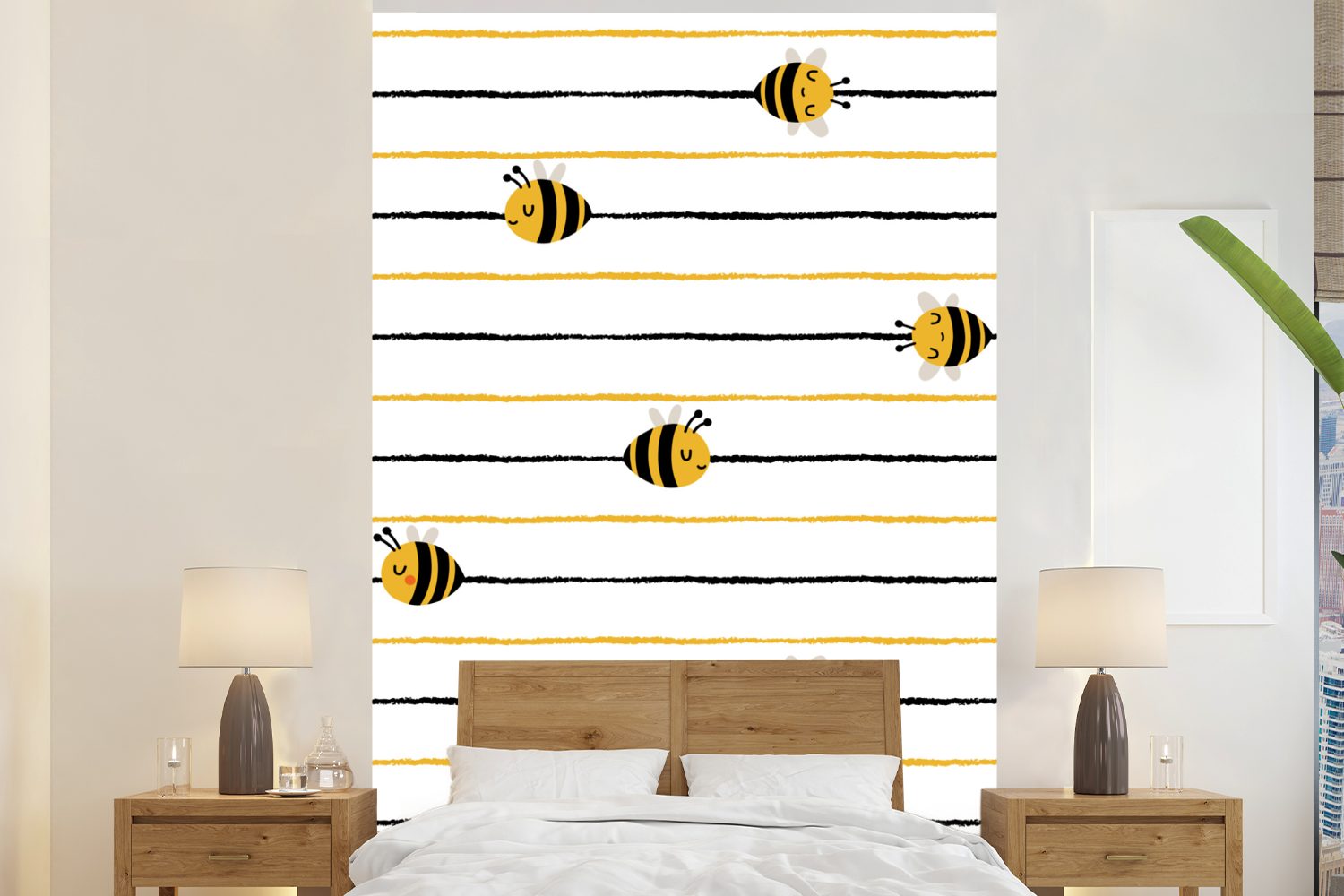 MuchoWow Fototapete Muster - Bienen - Streifen, Matt, bedruckt, (3 St), Montagefertig Vinyl Tapete für Wohnzimmer, Wandtapete