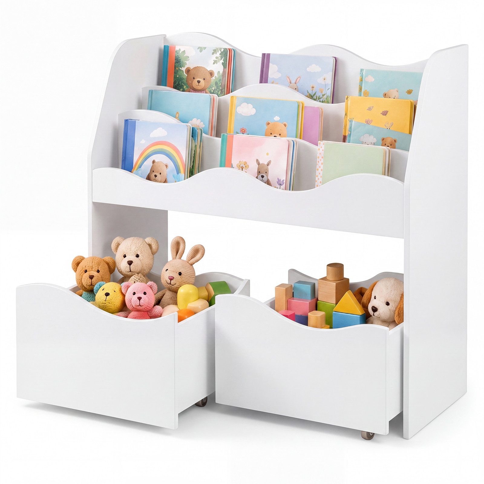 KOMFOTTEU Kinderregal Spielzeugregal, mit 2 Schubladen Rollen