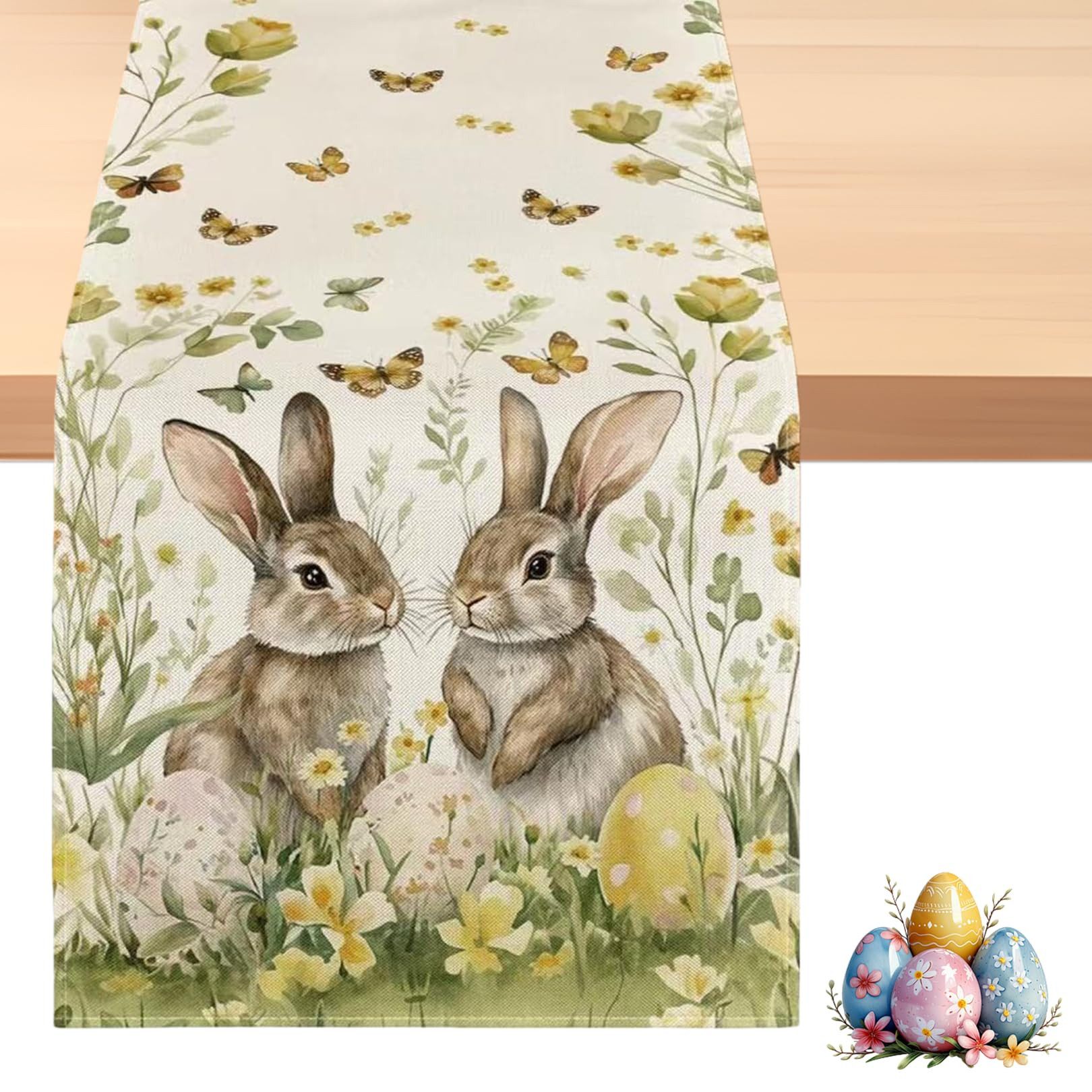 Minicloss Tischläufer Oster Tischläufer 183x33 cm mit Hasen-, Blumen- und Ostereier-Motiv (1-tlg), Frühlings Tischdekoration für Esstisch, Küche und Wohnzimmer