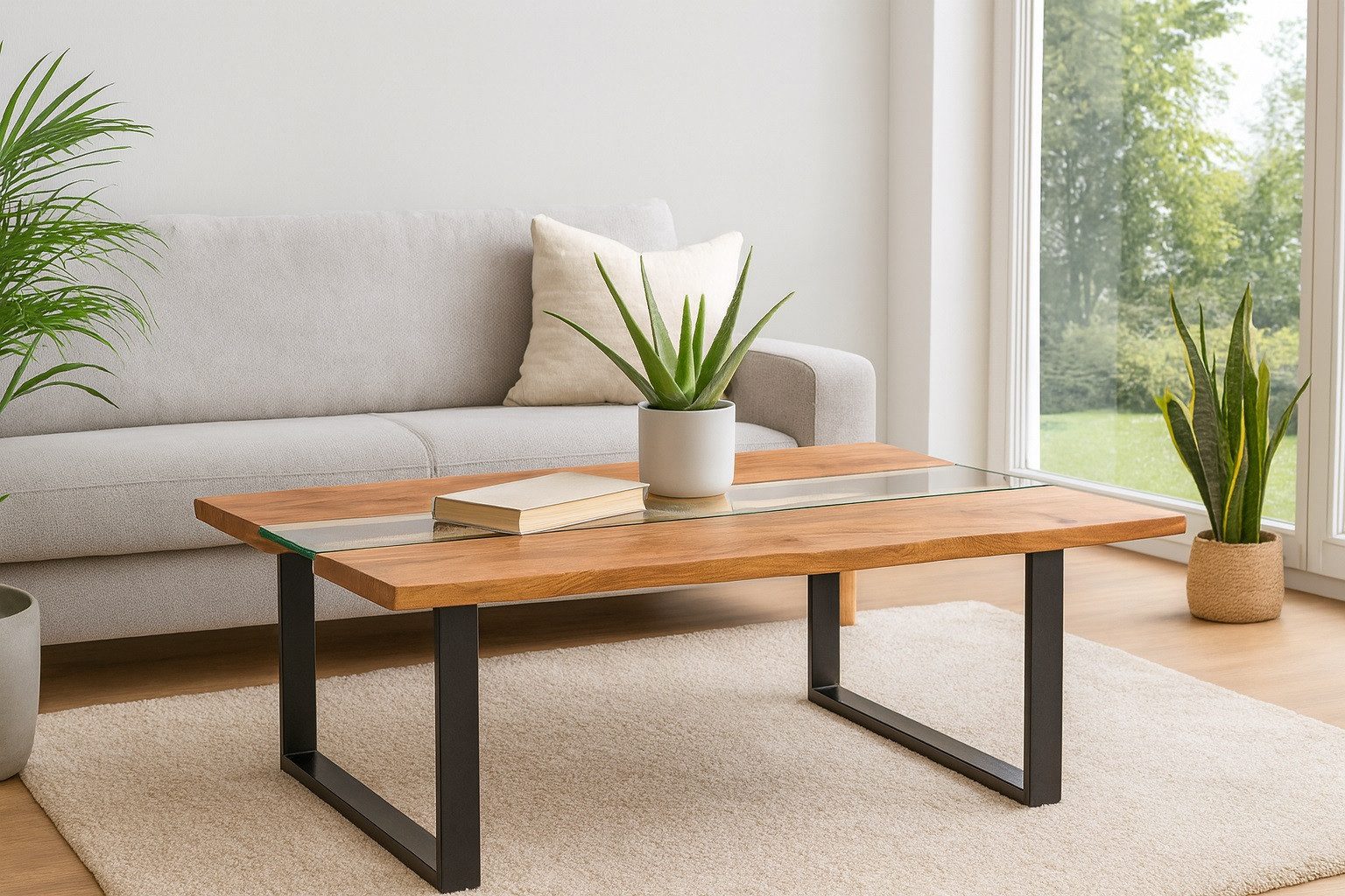 SAM® Couchtisch Franziska, massives Akazienholz mit Glaseinsatz, Baumkante, U-Gestell Metall