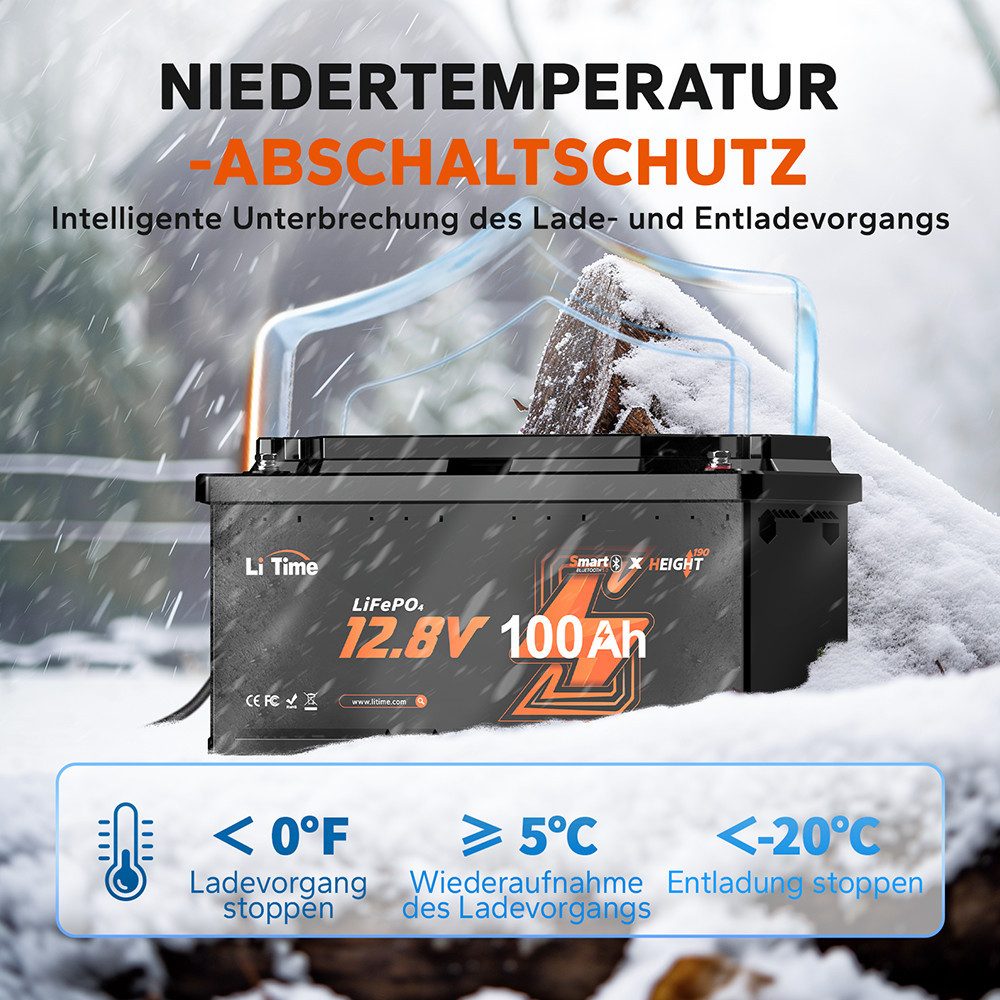 LiTime 12V 100Ah H190 LiFePO4 Batterie mit Bluetooth und BMS 1280Wh DIN H8 Solarakkus 100000 mAh (12 V), L358*B177*H188 mm, geeignet für Wohnmobile, Wohnwagen und Solaranlage