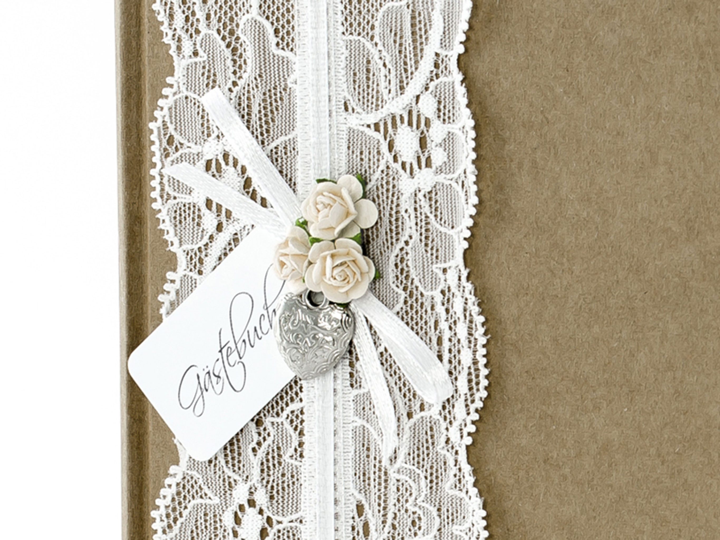 partydeco Notizbuch, Gästebuch 20x20cm mit Spitze / Rosen / Herz 44 blanko Seiten braun