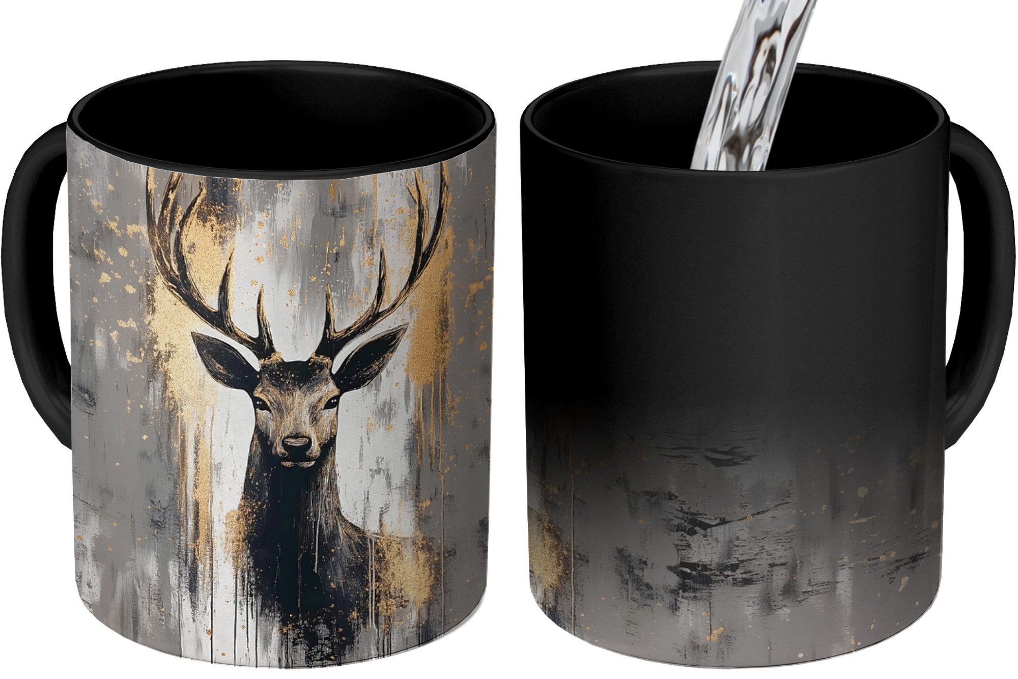 MuchoWow Tasse Abstrakt - Hirsch - Geweih - Gold, 1-tlg., Keramik, Farbwechsel, Kaffee Tassen, Teetasse, Zaubertasse, Geschenk