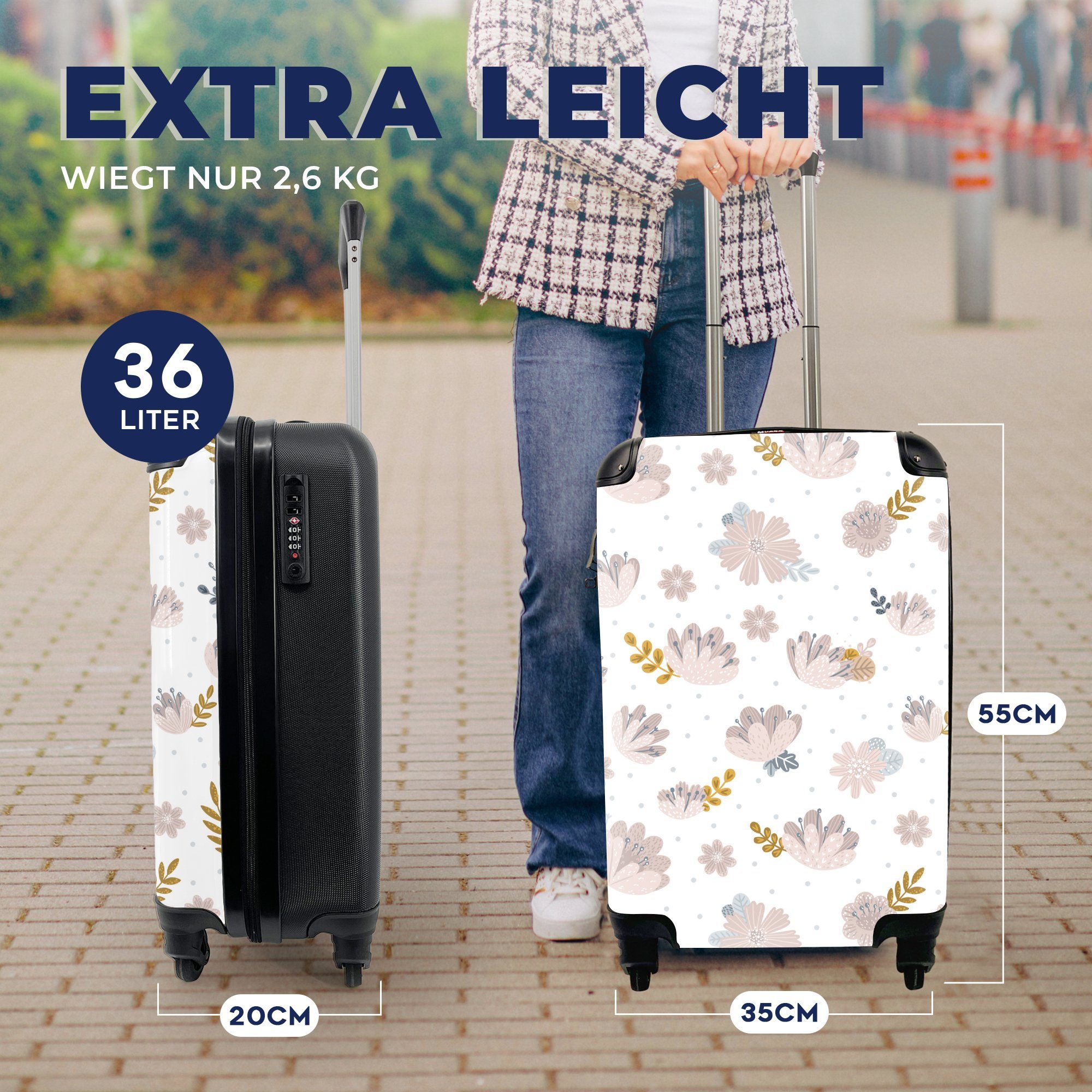 Design - MuchoWow mit 4 Trolley, Reisekoffer Handgepäck Reisetasche für Blätter, Ferien, Rollen, Handgepäckkoffer rollen, Blumen -