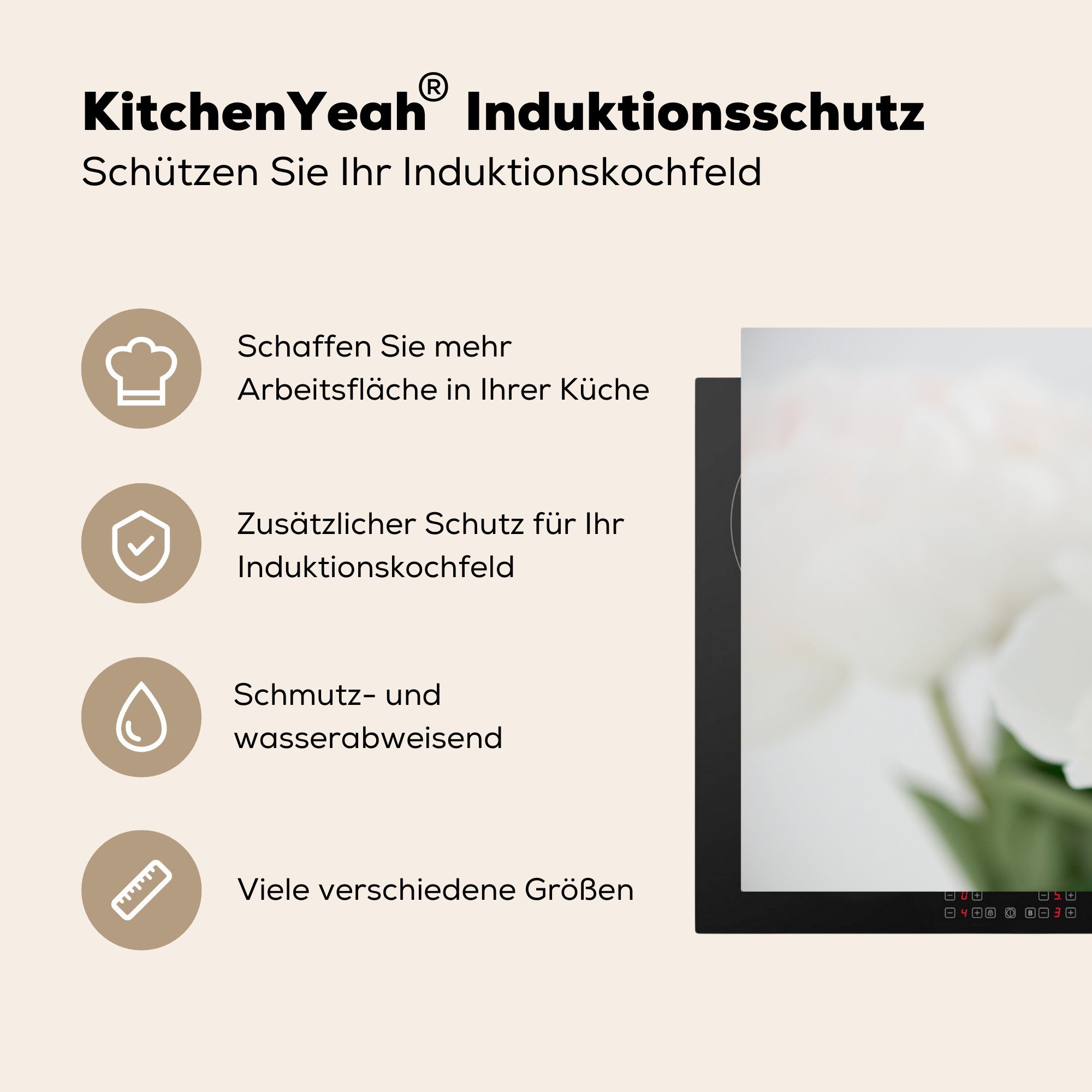 Vinyl, Induktionskochfeld Schutz (1 weißen tlg), Ein die cm, 81x52 MuchoWow Pfingstrosen, für Blumenstrauß mit Ceranfeldabdeckung küche, Herdblende-/Abdeckplatte