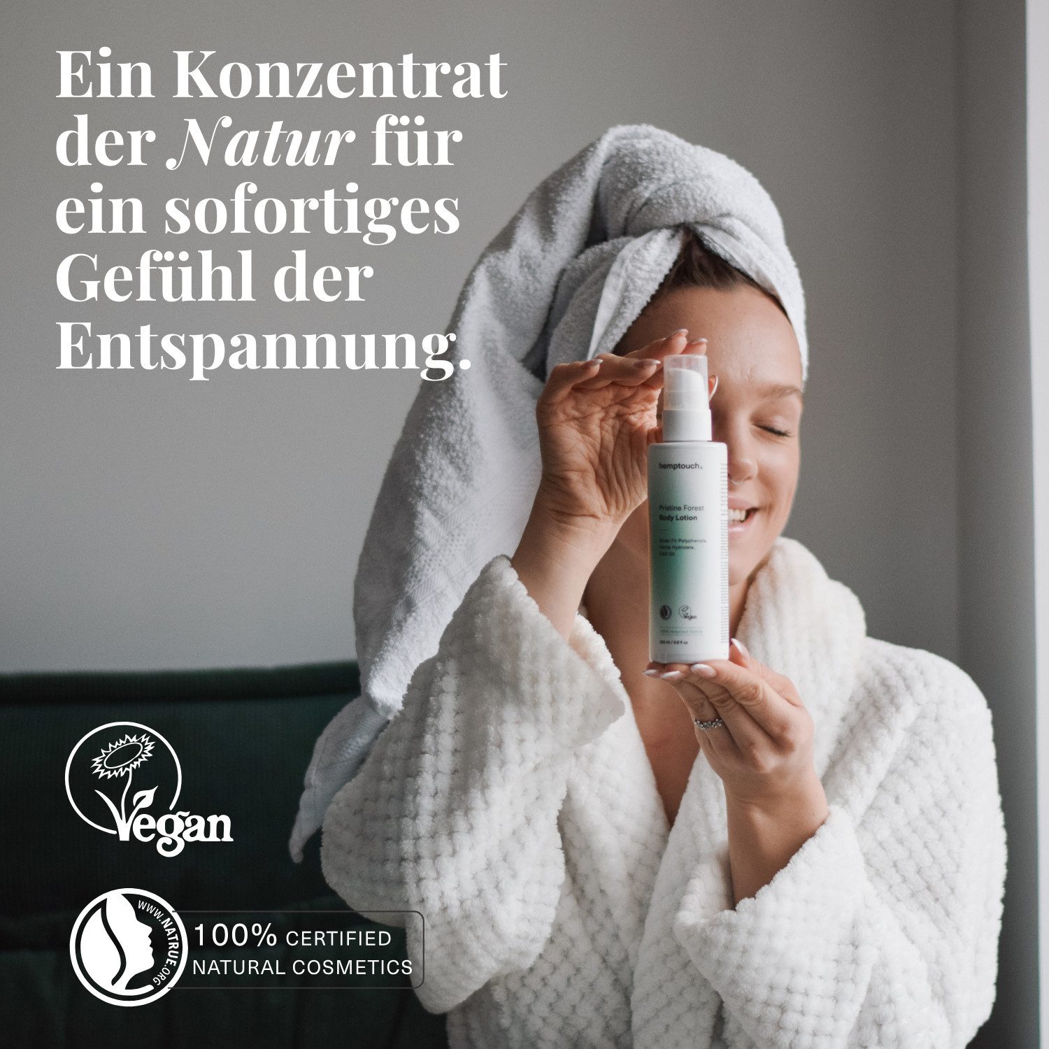 Hemptouch Bodylotion Pristine Forest mit Hanföl, Jojobaöl und Sheabutter lindert das Gefühl von Juckreiz und Spannungsgefühle