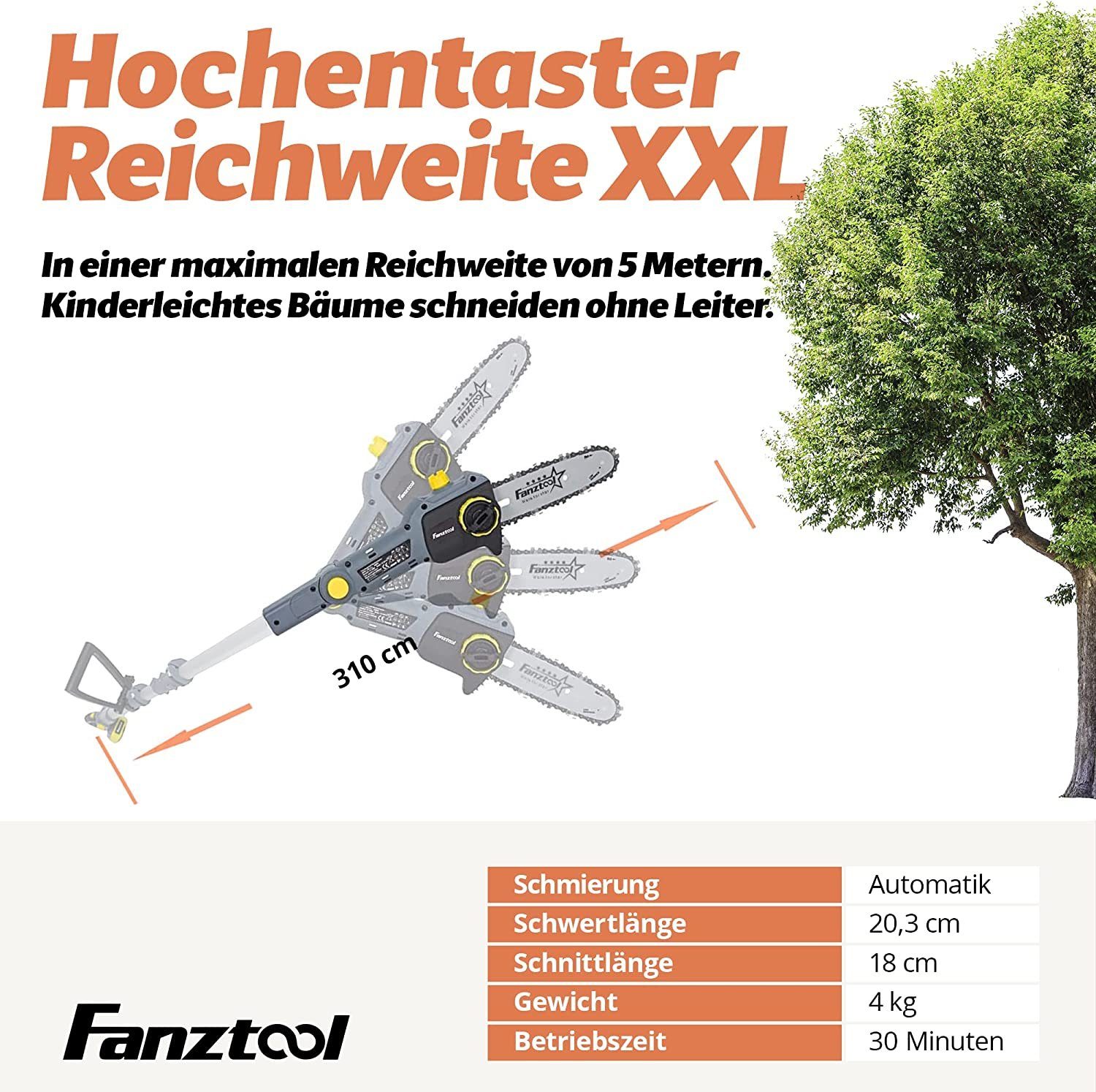 Fanztool Akku-Kettensäge FANZTOOL 20V Akku-Hochentaster mit 2Ah Akku/Ladegerät, Packung