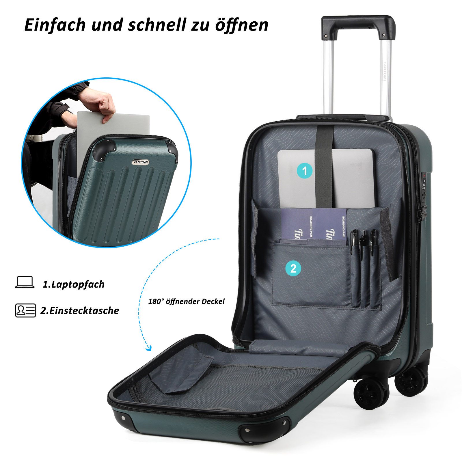 TAN.TOMI Hartschalen-Trolley Laptopfach vorne Koffer Handgepäck Hartschalenkoffer Rollkoffer, ABS-Schale 360-Grad-Lautlosrollen für Geschäftsreisen