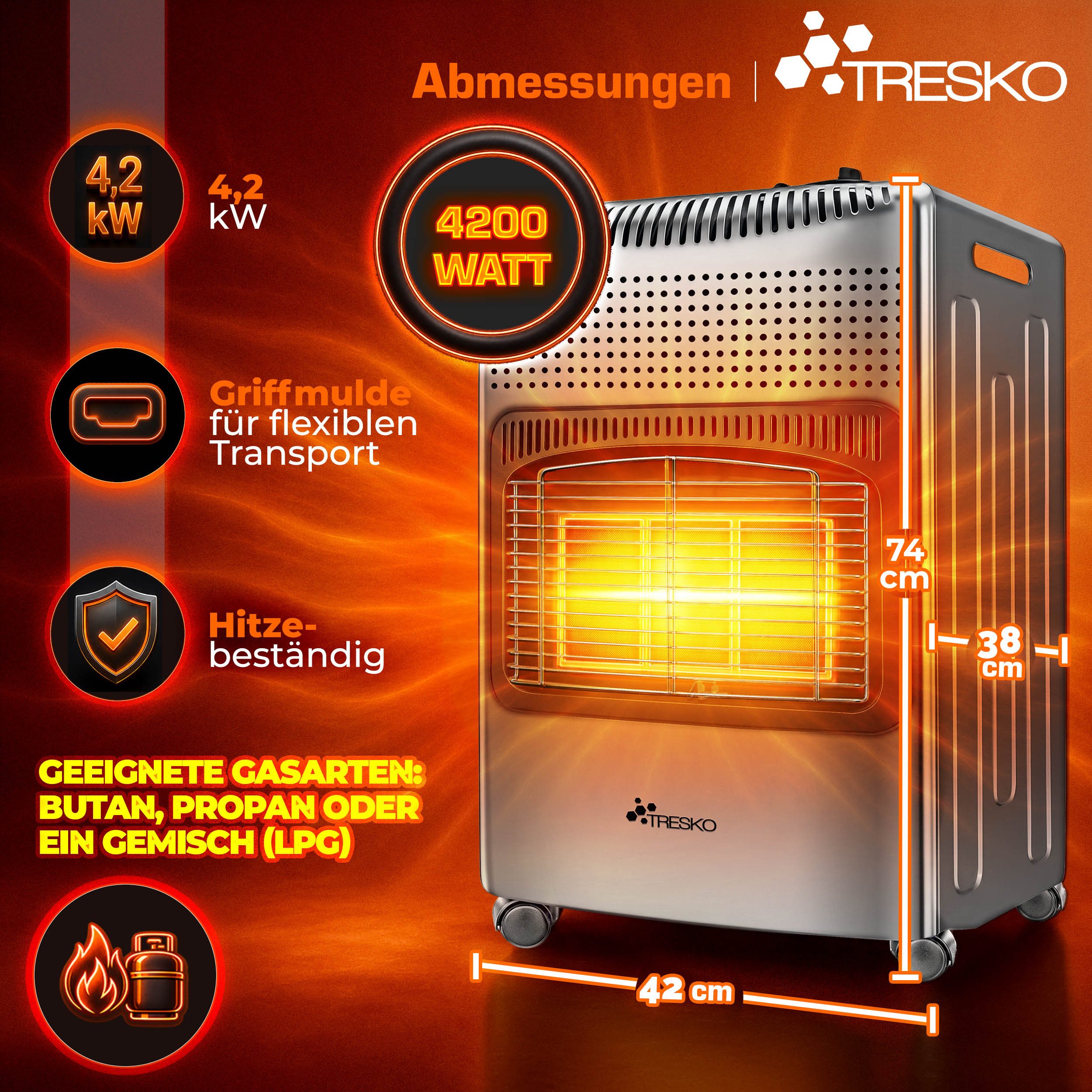 TRESKO Heizstrahler 4200 W Gasheizung + Abdeckung Gasheizer 3 Stufen Gasofen Gasheizofen