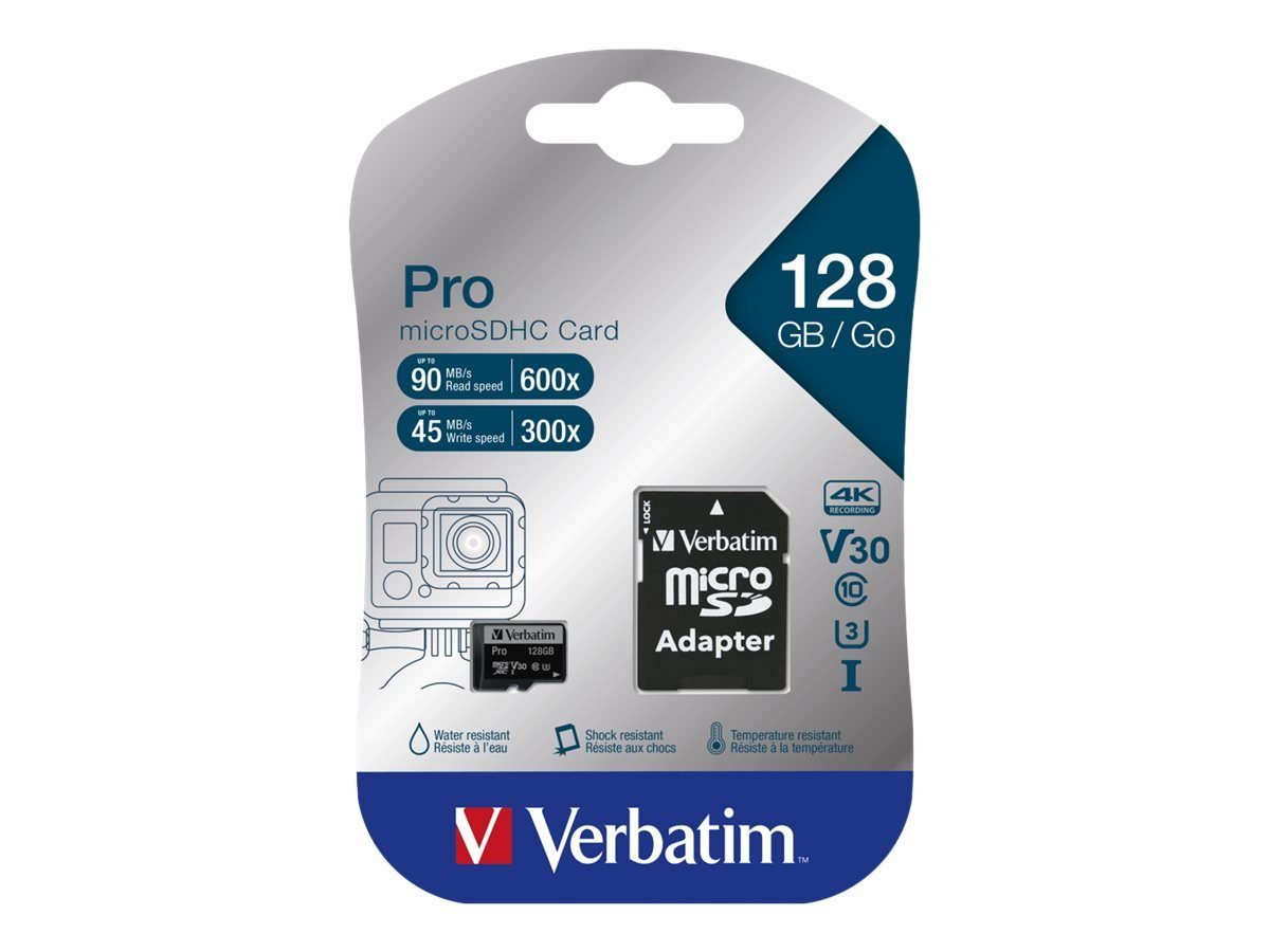 Verbatim VERBATIM microSDXC Card 128GB 47044 PRO,U3,UHS-I,4K,90MB/s,SD-Adapter Micro SD-Karte
