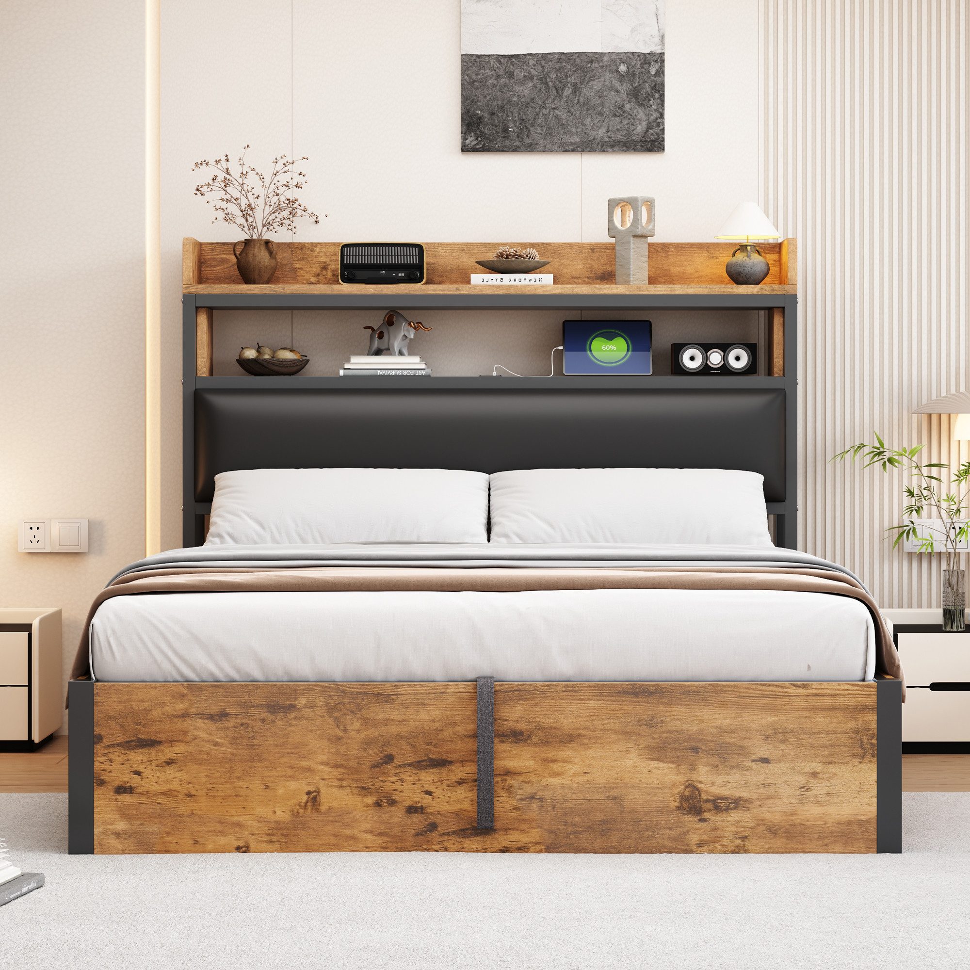 Merax Polsterbett Metallbett mit gepolstertem Kopfteil & Retro-Holz-Metall- günstig online kaufen