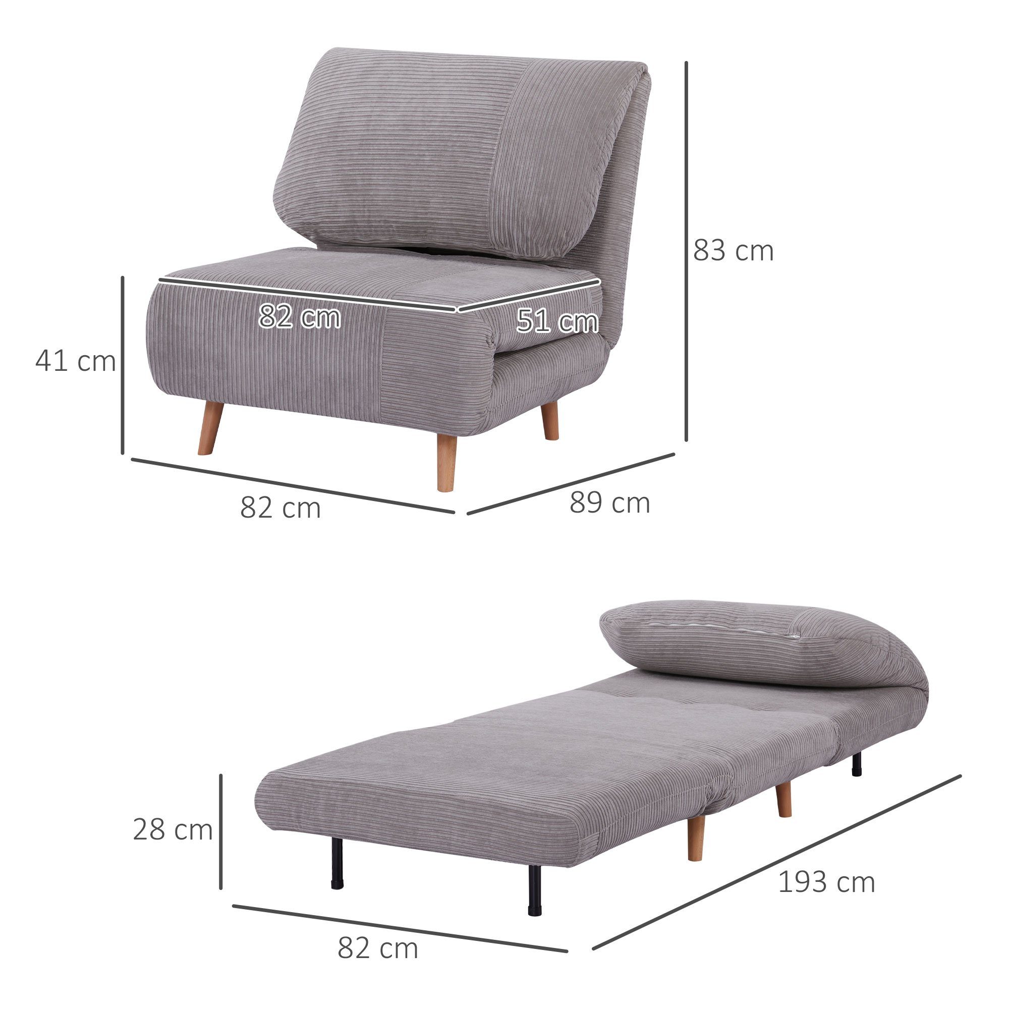 HOMCOM Sessel 2-IN-1 Schlafsessel Gästebett, (Set, x Kopfstütze mehrfach 1 verstellbar verstellbare Cord-Optik Schlafsofa), 1-St