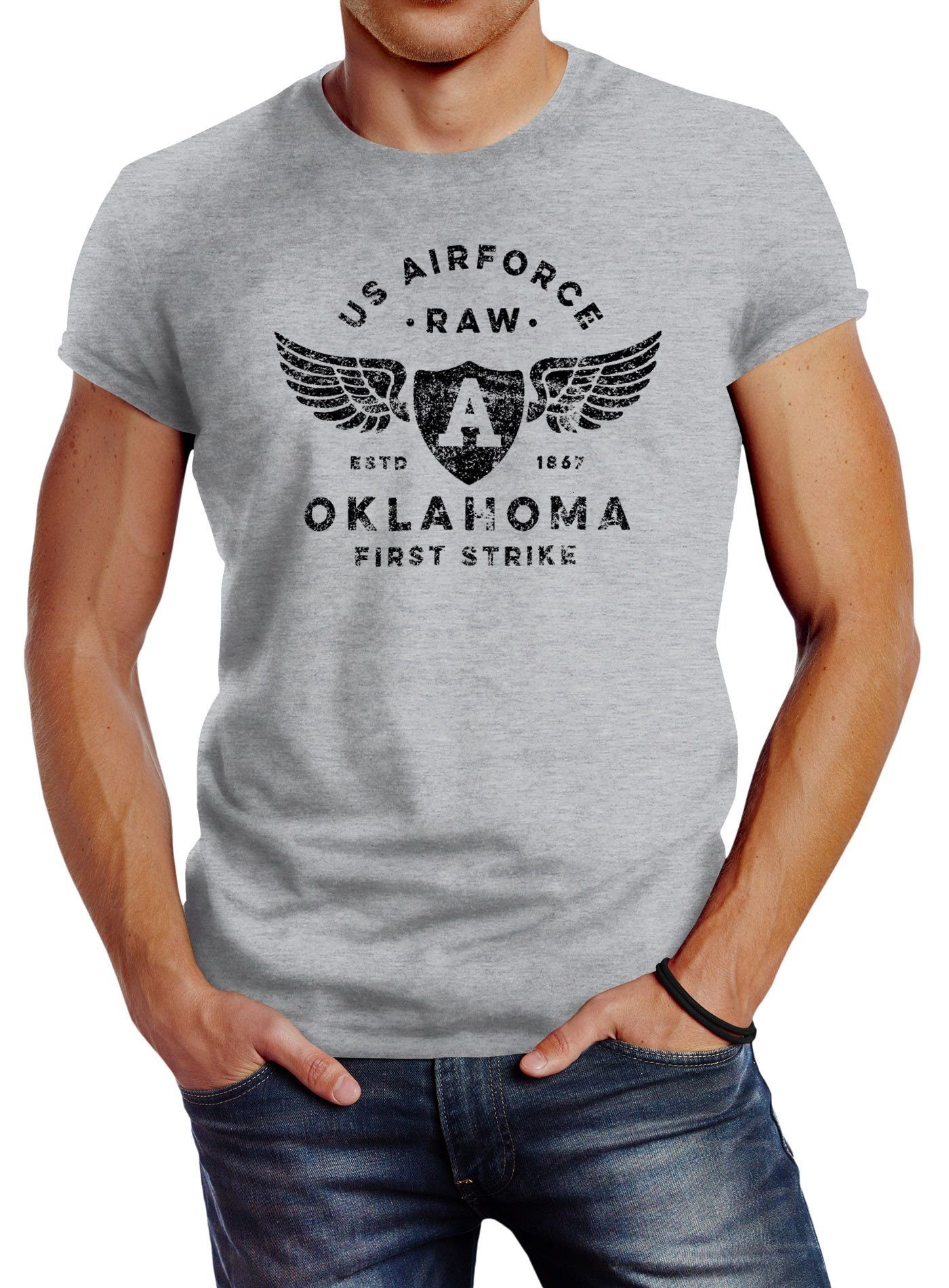 Neverless Print-Shirt Herren T-Shirt Print US Airforce Oklahoma Aviator Vintage-Shirt Neverless® mit Print grau